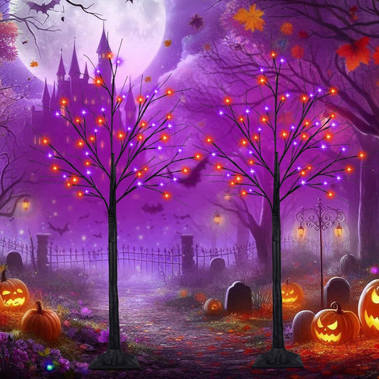 2Pack 4FT 100LED Black Halloween Tree Lights, Timer Function Halloween Trees with Purple and Orange Lights, Spooky Trees Light for Indoor Outdoor Halloween Decorations