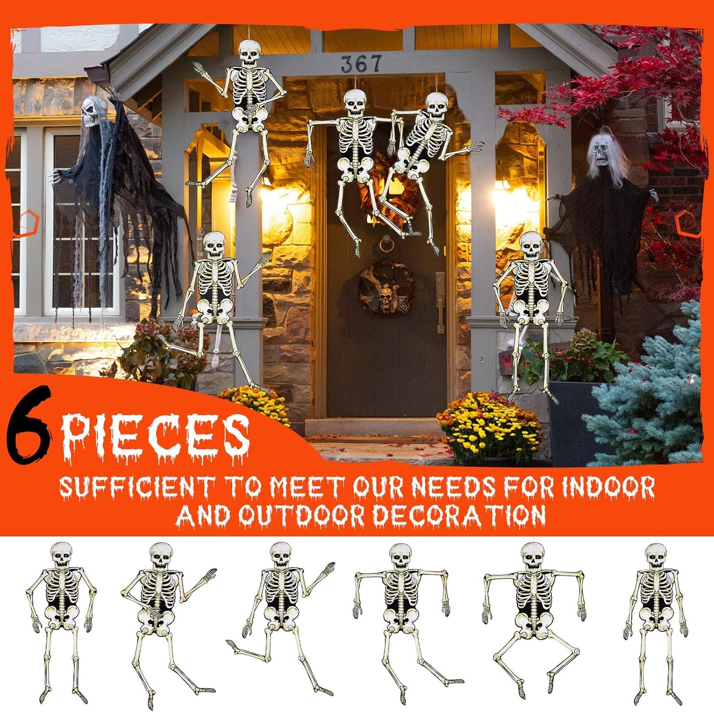 Jeyiour 6 Pieces Halloween Jointed Skeleton Decoration with Movable Joint Halloween Paper Skeleton Cardboard Decoration for Door Window Cutouts Party Prop, 31.5 Inch Tall