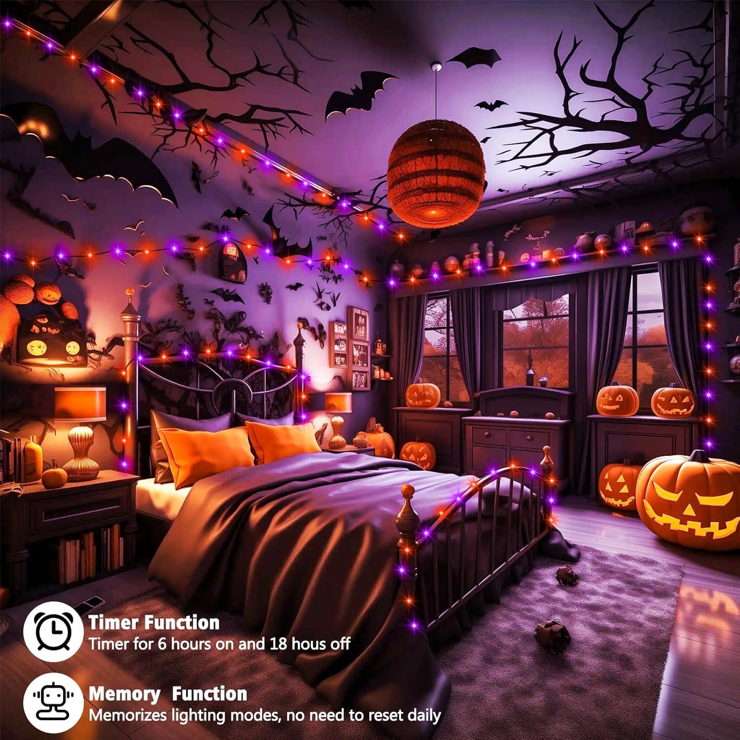 2 Pack Halloween Fairy Lights Plug in, 33Ft 100 LED Micro Starry String Lights with Remote Timer 8 Modes, IP68 Full Waterproof Twinkle Lights for Indoor Halloween Decor (Orange Purple)