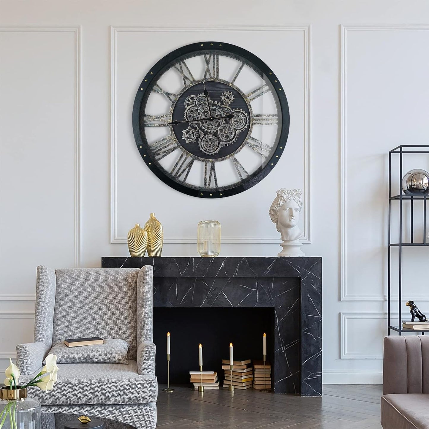 30 Inch Industrial Steampunk Wall Clock, Oversized Solid Wood Frame, Battery Operated, Large Wall Clock with Real Rotating Gears, Black