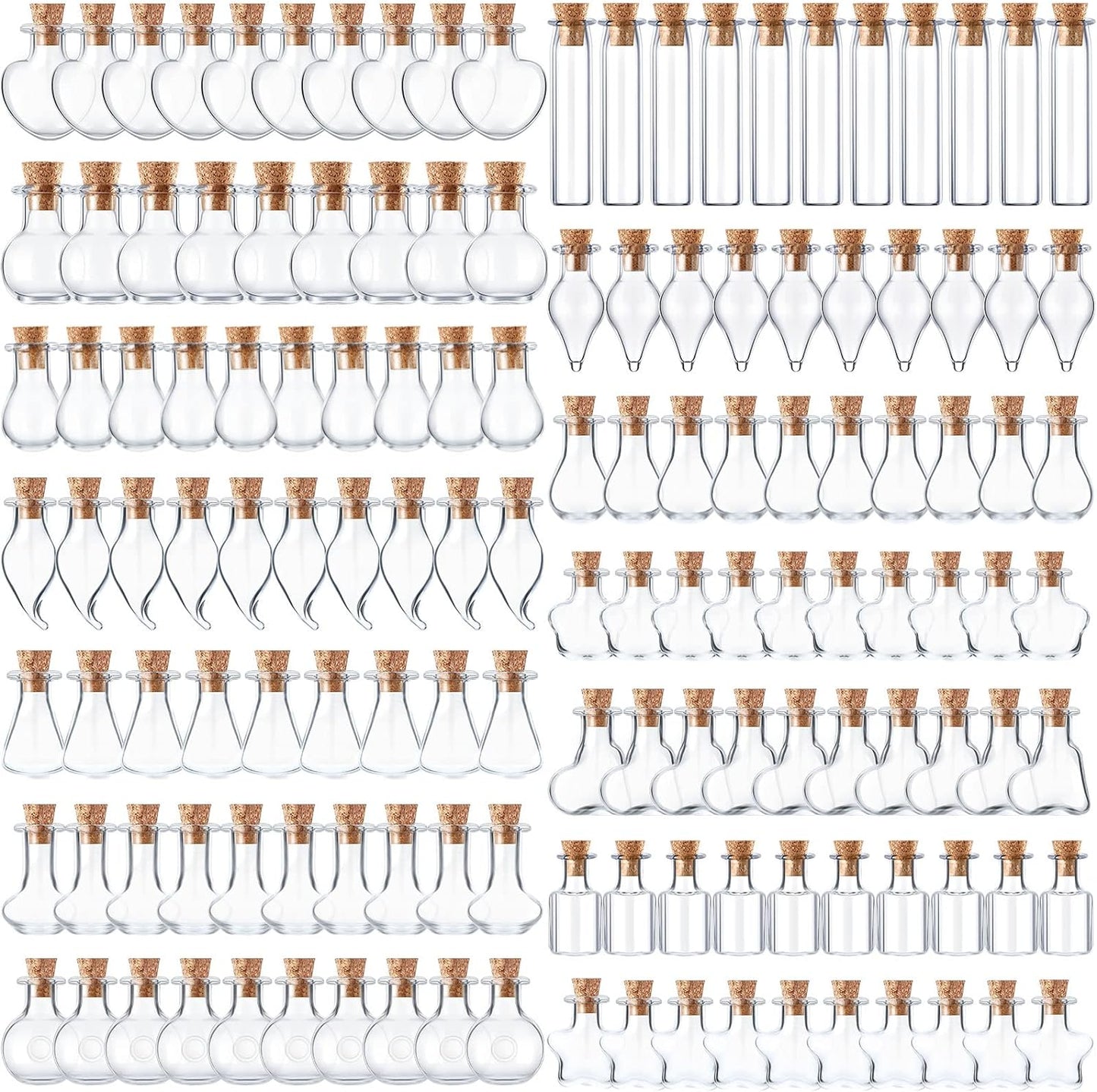 140 Pcs Mini Glass Bottles with Cork Stoppers Tiny Wishing Potion Bottles, 14 Shapes, Small Spell Apothecary Jar Vials Witchcraft Drifting Jar for Wedding Halloween Party Arts DIY Crafts