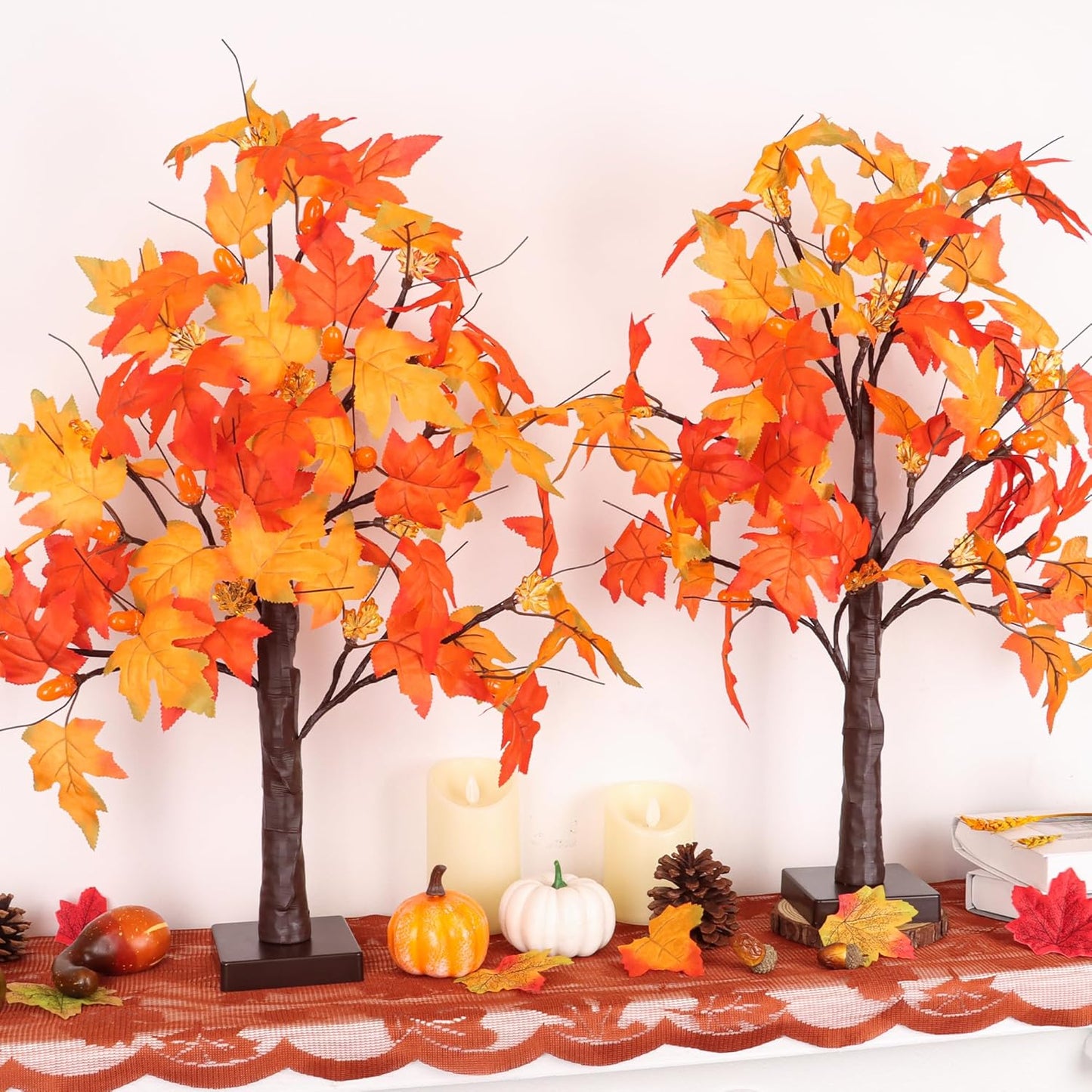 2 Pack 24 Inch Prelit Fall Maple Tree Fall Decor with 48 LEDs Timer Battery Operated Artificial Fall Light Up Tree Maple Acorn for Fall Thanksgiving Decorations Table Home Office Indoor Autumn Harvest