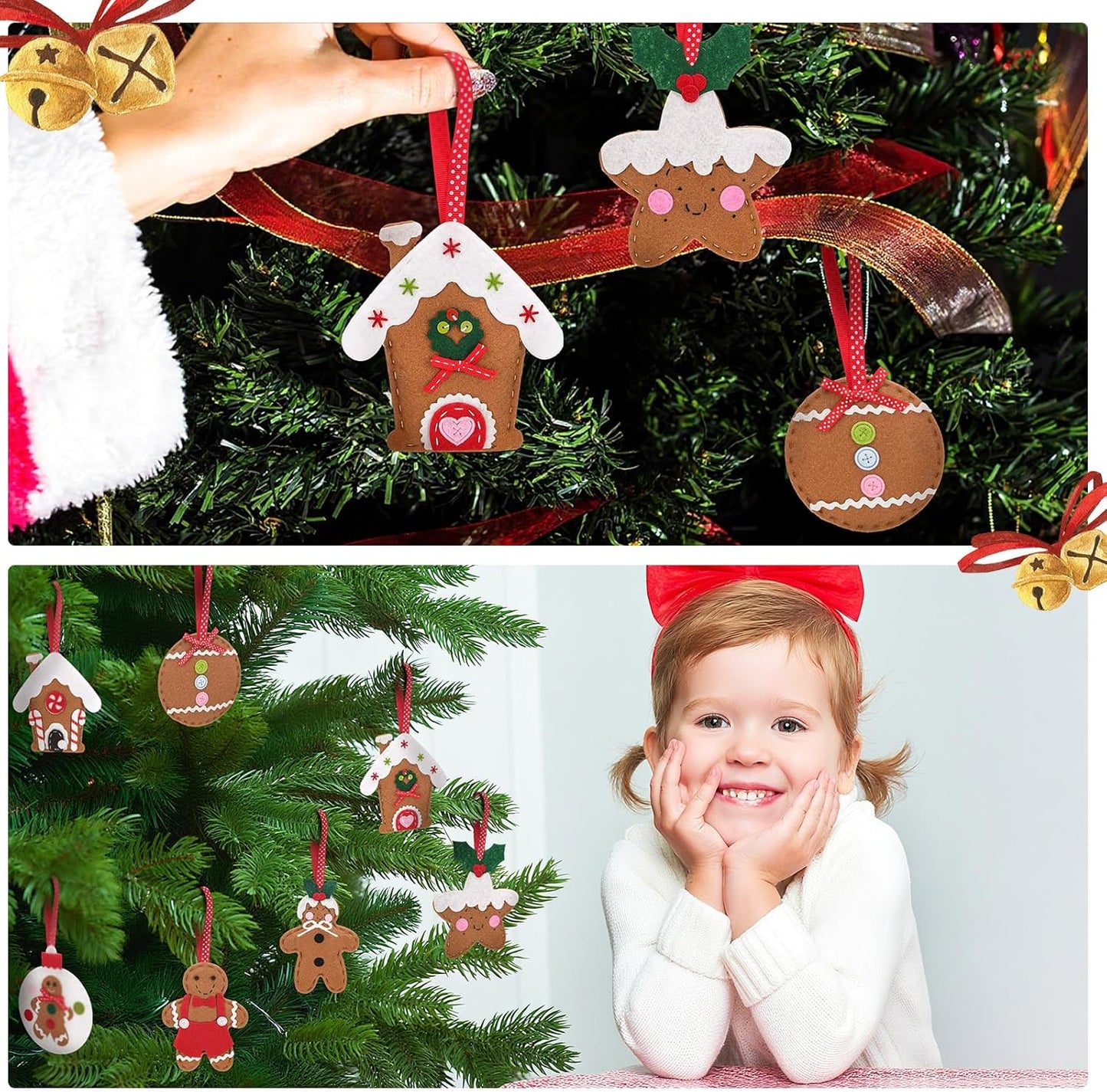 Skylety 8 Pieces 3D Christmas Tree Ornaments Set Felt Santa Snowman Candy Cane Ornament, Stocking, Gnome Decoration(Gingerbread)