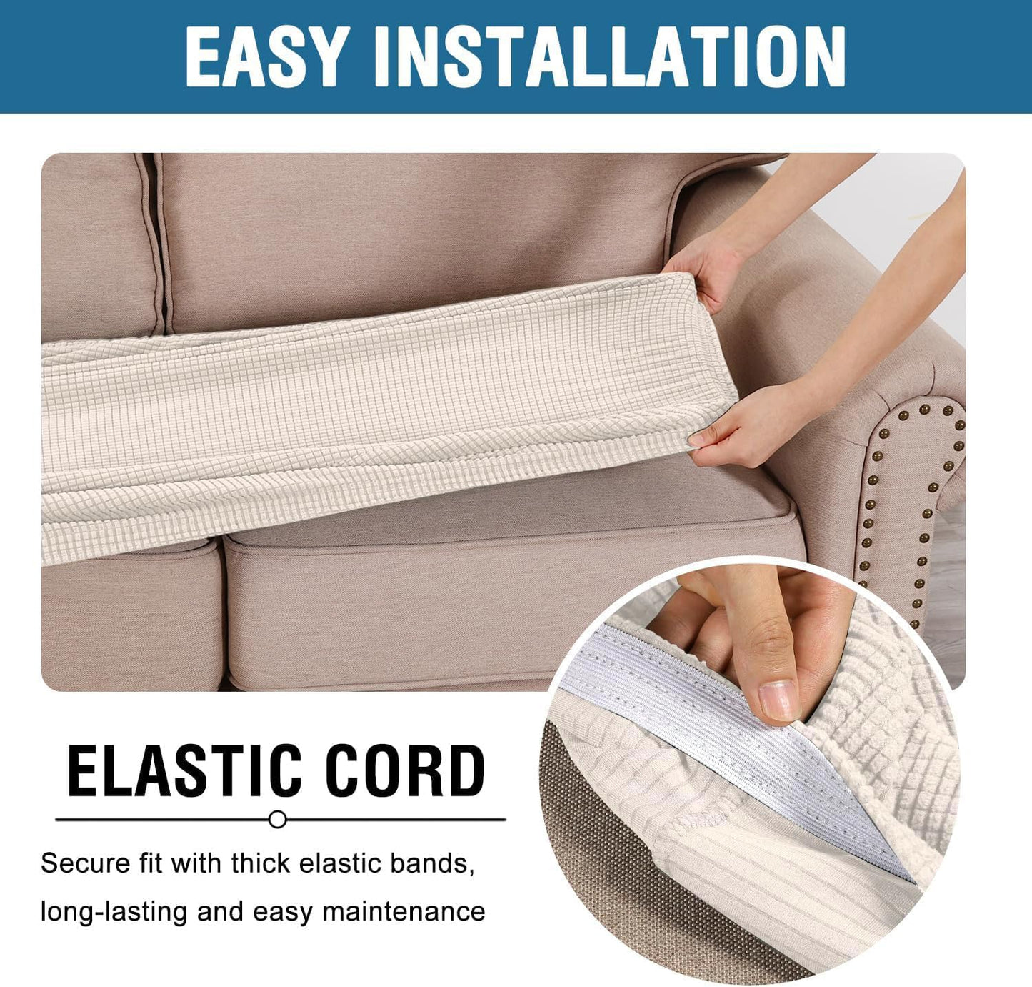 H.VERSAILTEX Super Stretch Individual Seat Cushion Covers Sofa Covers Couch Cushion Covers Slipcover Sets Thick Jacquard Textured Twill Fabric (1 Piece Chair Cushion Cover, Ivory)