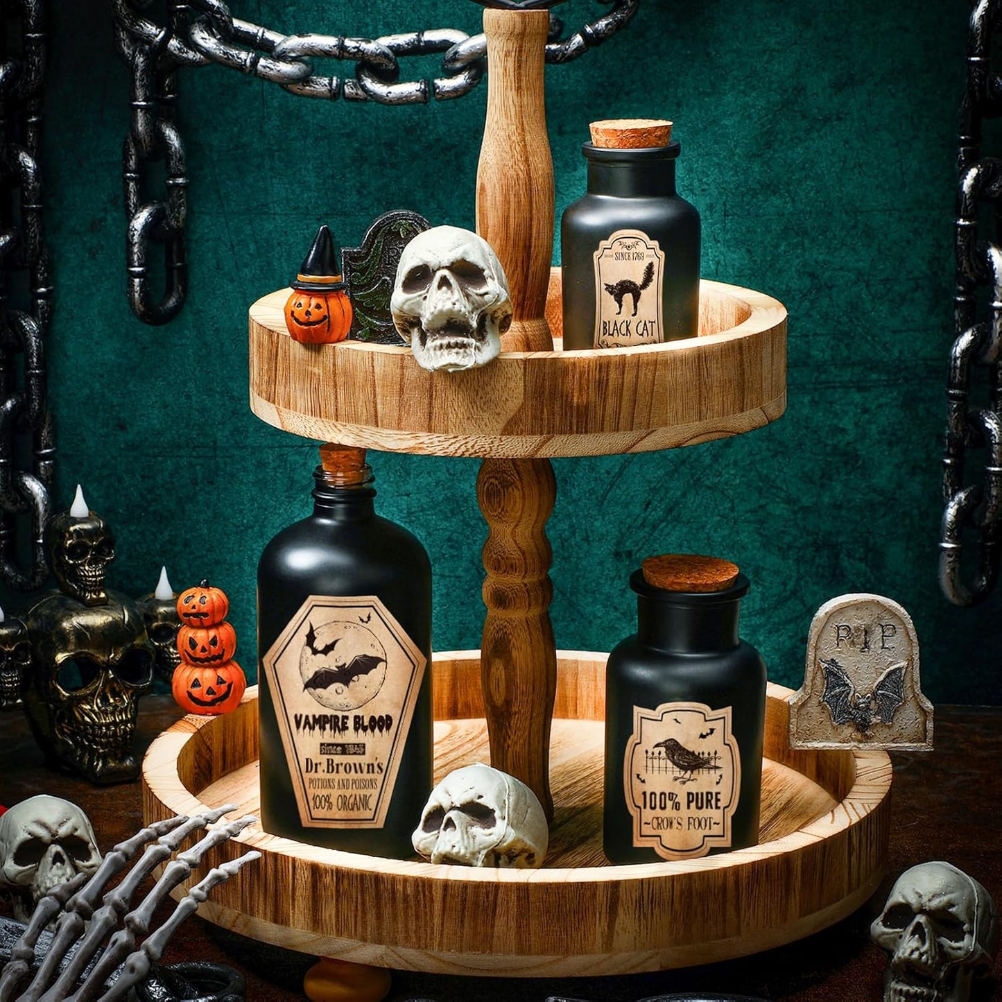 Umigy 3 Pcs Vintage Glass Potion Bottles with Cork Lid Black Halloween Tiered Tray Decoration 12 Apothecary Bottles Jars Stickers Labels Halloween Table Home Bathroom Decorations Indoor