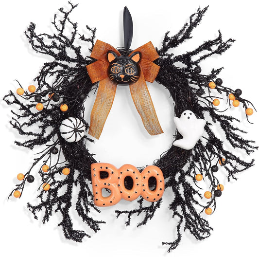 Adeeing Halloween Wreaths for Front Door, 18Inch Halloween Wreath with Black Cat Boo Sign White Pumpkin and Ghost for Indoor Outdoor Window Proch Halloween Decoration