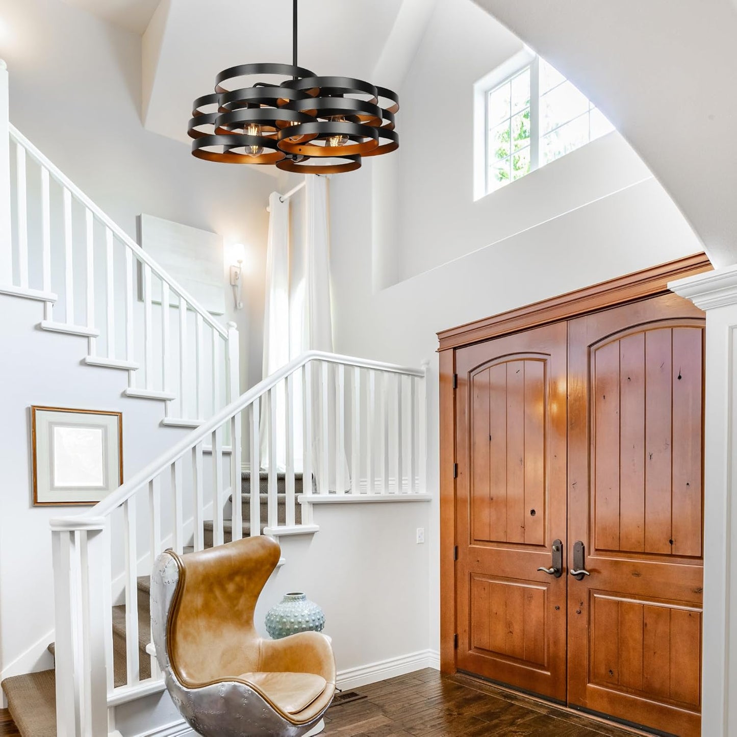 6-Light Modern Farmhouse Chandeliers for Dining Room, Rustic Multiple Rings Pendant Lighting, Industrial Metal Round Chandelier for Kitchen Entryway, Black with Gold Interior