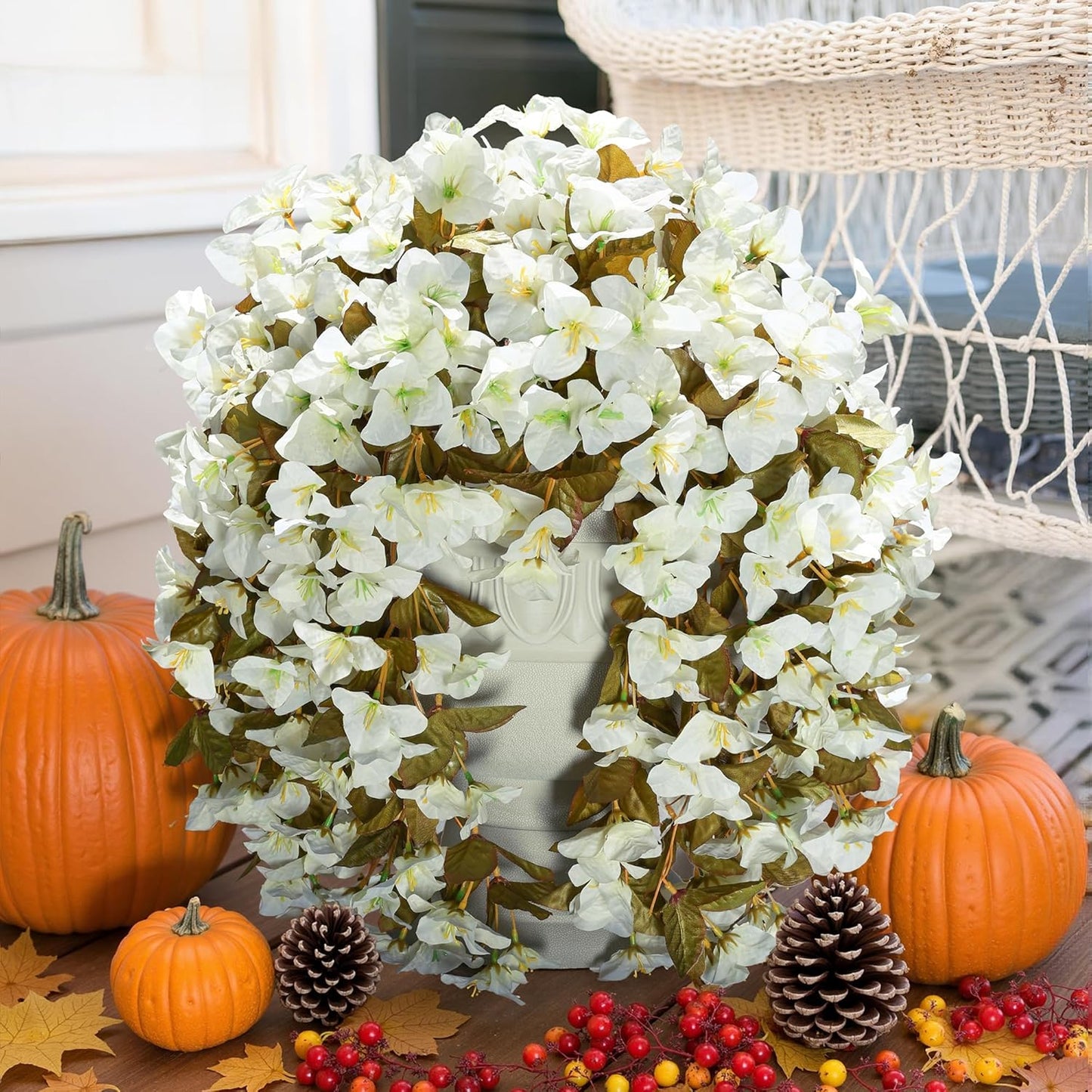 Bougainvillea Artificial Flowers Plants for Outdoors Outside Fall Autumn Decoration, 2 pcs Faux Silk Long Trailing Vines UV Resistant Look Real White Fake Flowers for Front Door Porch Planter Urn Yard