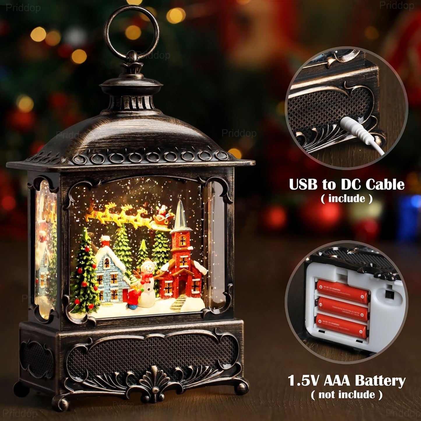 Christmas Snow Globe Lantern Christmas Decorations Gifts Snowman Santa Claus Church Village Scene Musical Glitter Snowfall USB/Battery Timer 12 inch