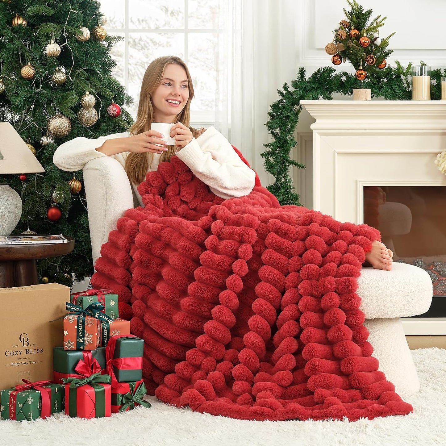 Cozy Bliss Faux Fur Throw Blanket for Couch, Cozy Warm Plush Striped Blanket for Sofa Bedroom Living Room,50 * 60 Inches Cardinal Red