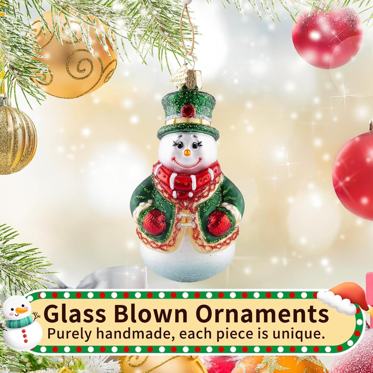 Snowman Christmas Tree Ornaments,Hand-Blown Glass Ornaments for Christmas Tree,Top Hat Collection Figurine Hanging Ornament,Christmas Decorations for Snowman Lovers Holiday Party Gifts