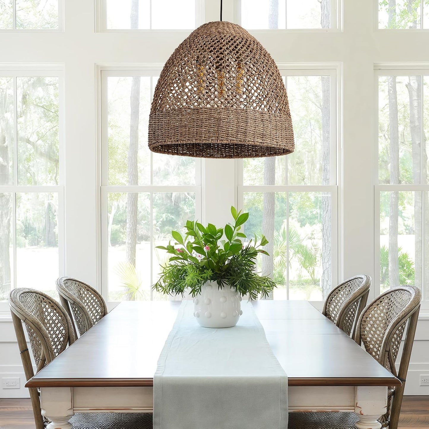 19" Rattan Pendant Light,Hand-Woven Rustic Wicker Hanging Light 3-Light Seagrass Ceiling Chandelier Oval Water Plants Rattan Chandelier for Dining Living Bedroom Kitchen Farmhouse