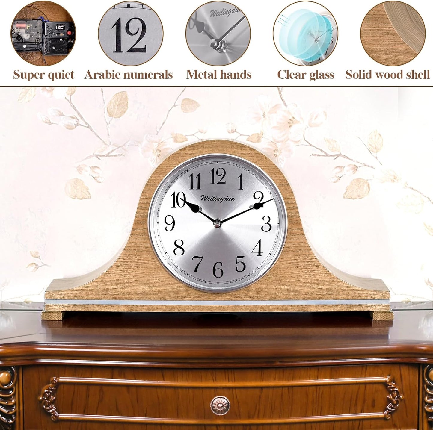TXL Mantel Clock, Silent Wood Table Clock Battery Operated, Desk Shelf Vintage Clock for Living Room,Home Decor Gift, T20211