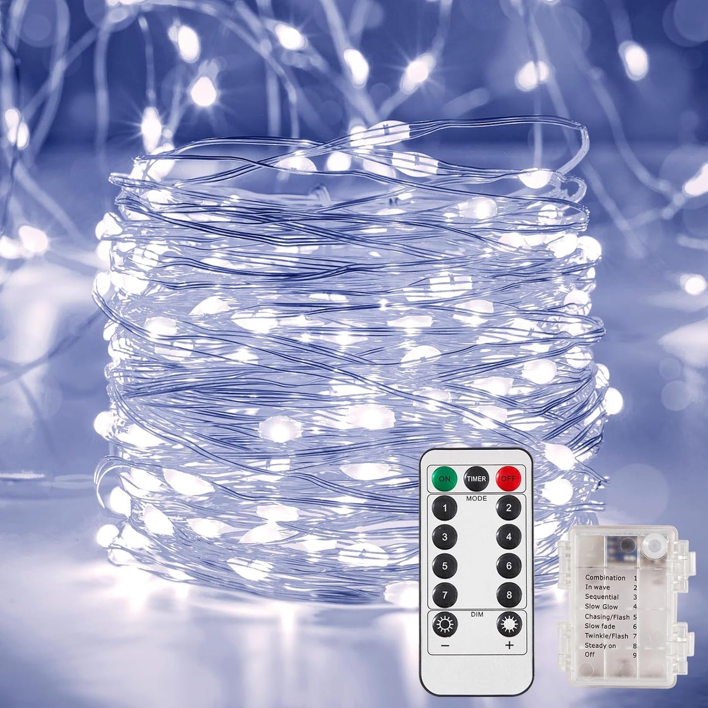 2 Pack 32.8 Ft. Battery Operated Outdoor String Lights with Remote & Timer, LED Cool Whit Fairy Lights, Waterproof Twinkle Lights for Bedroom, Dorm, Mason Jar, Wedding, Party, Christmas