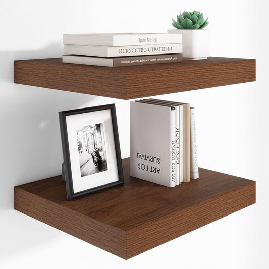 Heimlove 12 Inch Deep Floating Shelves, 16 x 12 inches Long Wall Shelf, Large Extra Display Shelf & Storage Shelf, Rustic Wood Wall Shelves for Fireplace Mantel, Walnut - 2Pack