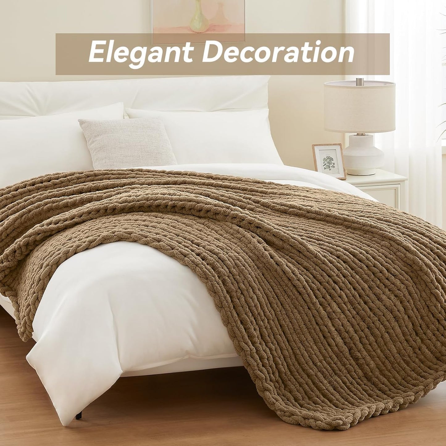 Chunky Knit Throw Blanket, 40''*50'' Knitted Throw Chenille Yarn for Bed Couch, Handmade Light Brown Crochet Big Thick Blanket, Machine Washable Cute Comfy Blanket for Home Decor