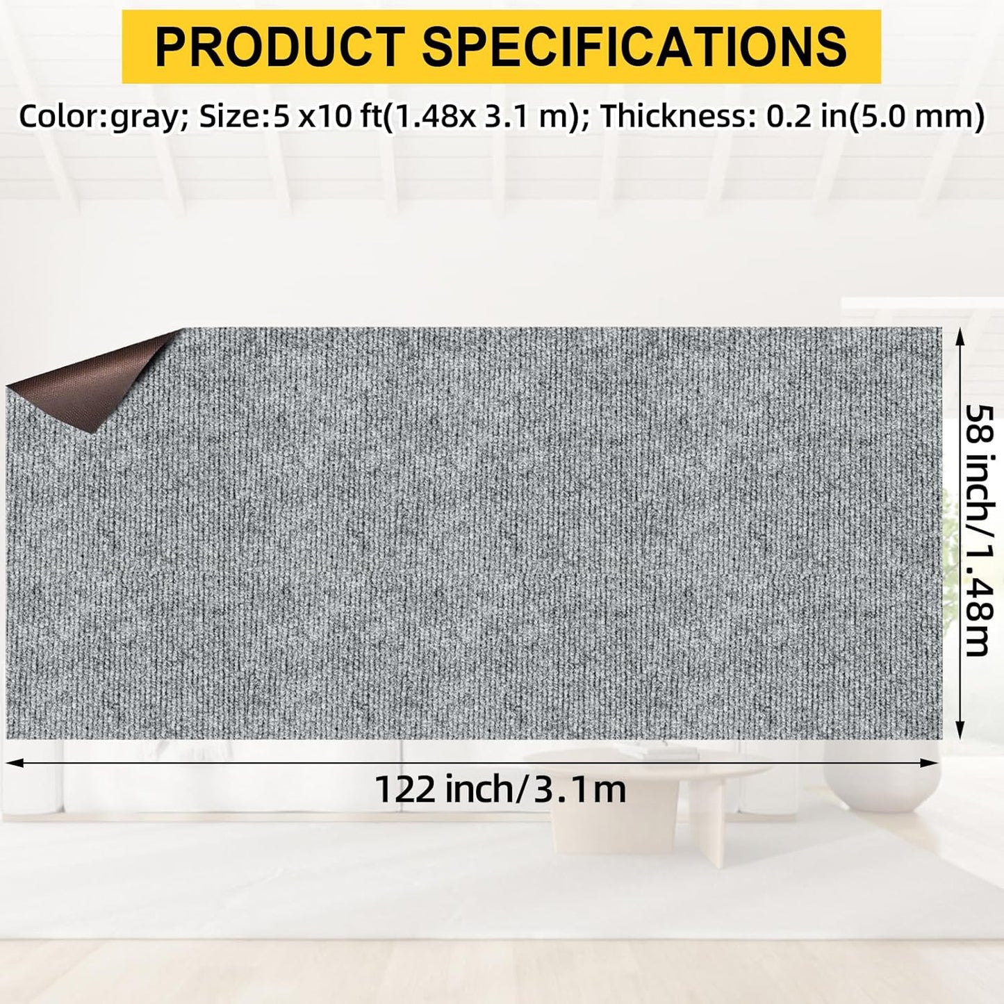 Marine Carpet,5 FT x 10 FT Smoke Gray Indoor Outdoor Carpet 0.2" Thick Boat Carpet with Water-Proof TPE Backing, Non-Slide Outdoor Marine Carpet Roll for Home, Patio, Porch, Deck