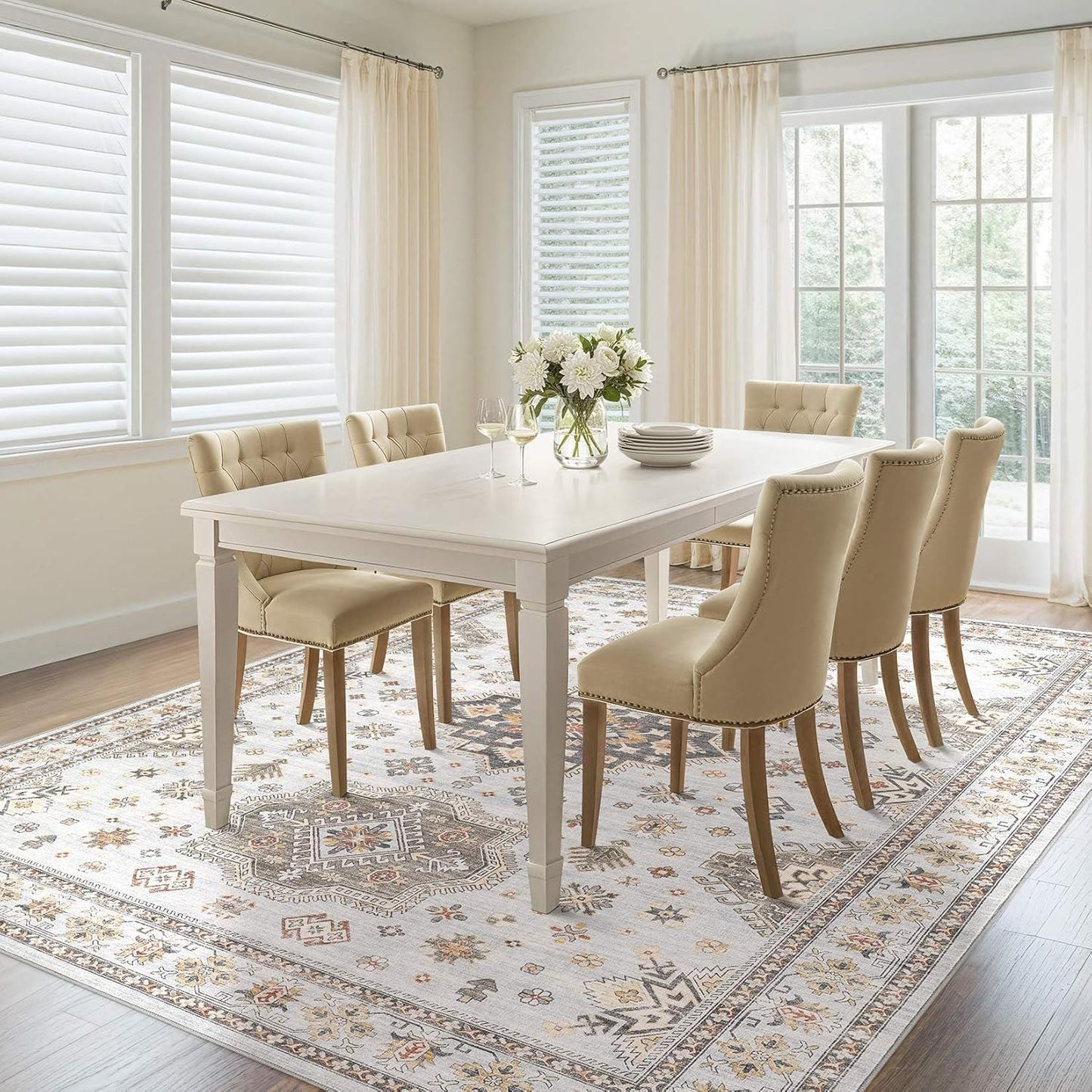 Washable Area Rugs for Living Room -10x12 Neutral Vintage Distressed Floral Farmhouse Boho Large Soft Floor Rug Indoor Non Slip Carpet for Living Room Bedroom Dining Room Office-Blue Brown