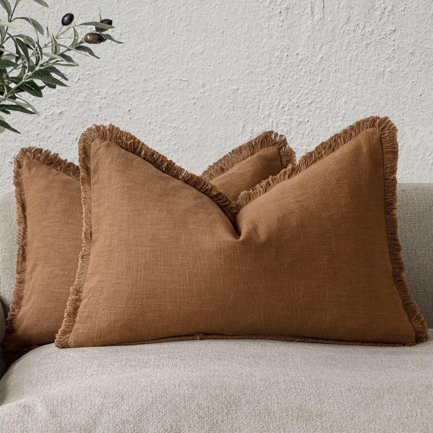 Foindtower Set of 2 Decorative Linen Fringe Lumbar Throw Pillow Covers Farmhouse Cushion Cover with Tassels Soft Accent Pillowcase for Couch Sofa Bed Living Room Home Decor,12×20 Inch,Orange Brown