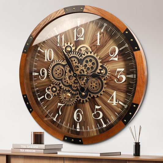 Wall Clocks for Living Room Decor, Large Real Moving Gears Clock, Vintage Industrial Oversized Rustic Farmhouse Kitchen Office Fireplace Wall Decor (Brown, 27 inch)