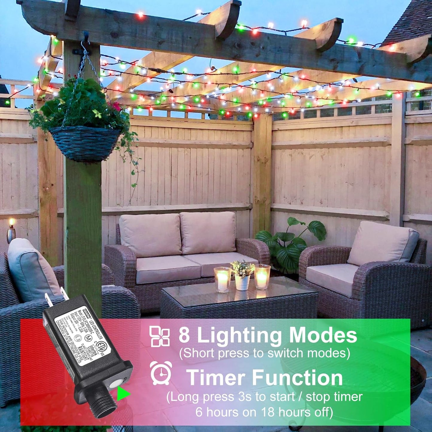 100FT 300 LED Christmas Lights Outdoor, Connectable Christmas String Lights with 8 Modes Waterproof, Plug in Christmas Tree Light Green Wire for Grden Yard Party Decorations, Red White Green