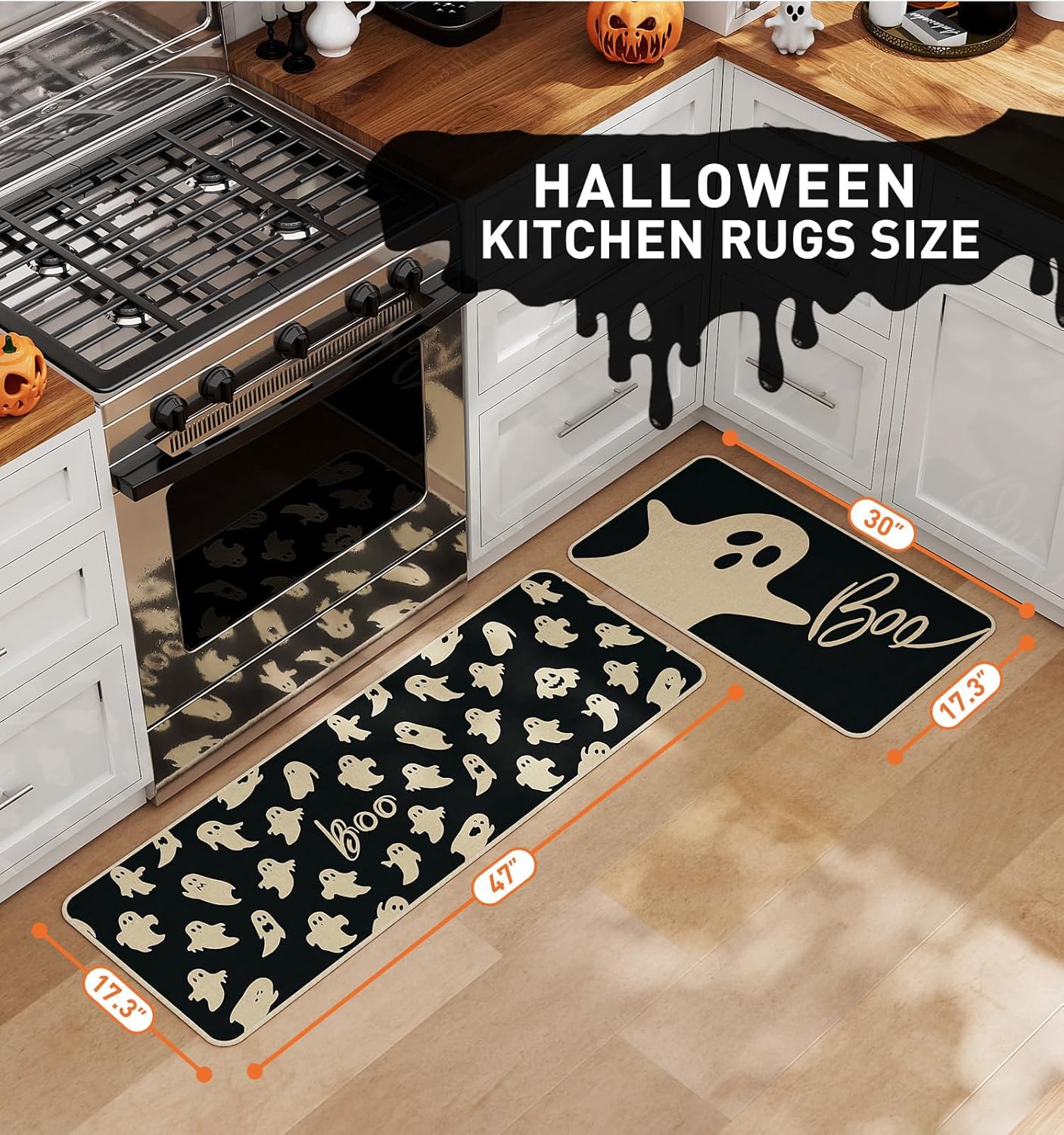 Halloween Kitchen Mat Set of 2, Ghosts Boo Halloween Kitchen Decor, Halloween Rug for Floor, Indoor Spooky Home Decor with Non-Slip Backing,17 x 29 Inch & 17 x 47 Inch