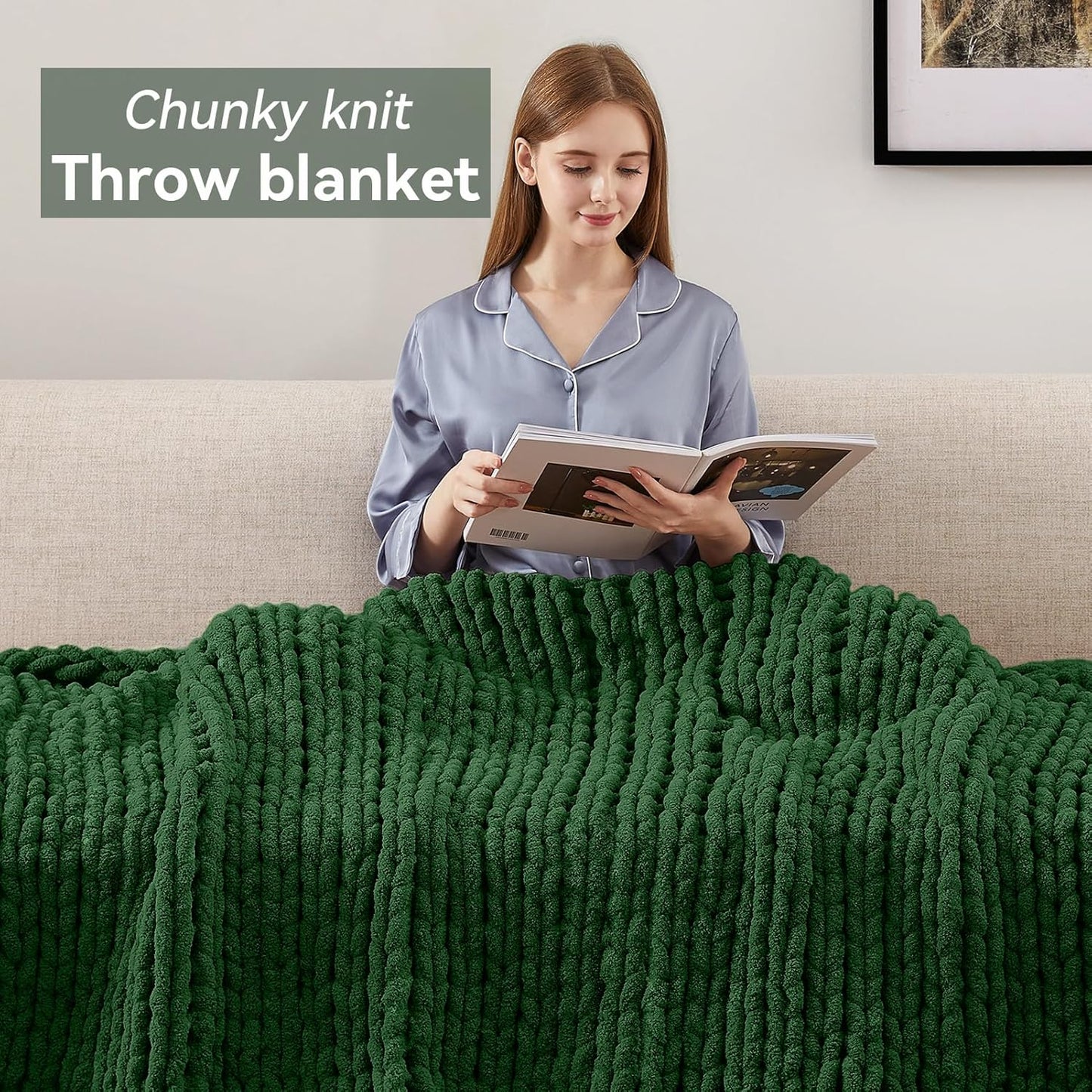 Chunky Knit Throw Blanket, 50''*60'' Knitted Throw Chenille Yarn for Bed Couch, Handmade Grass Green Crochet Big Thick Blanket, Machine Washable Cute Comfy Blanket for Home Decor