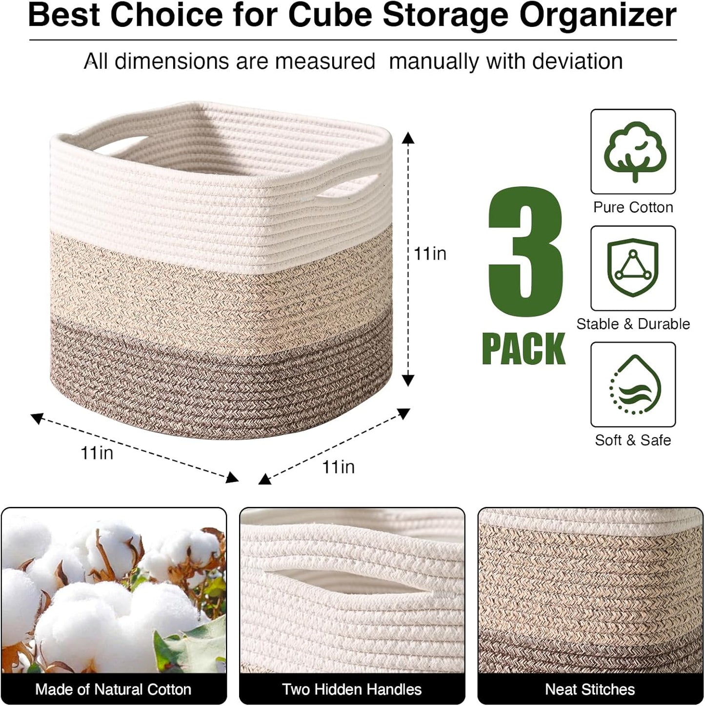 11 Inch Cube Storage Bins, Storage Cube Organizer Bins, Woven Cotton Rope Baskets for Storage, Storage Basket for Organizing Shelves, Square Baskets for Toys, Gradient Brown (Pack of 3)