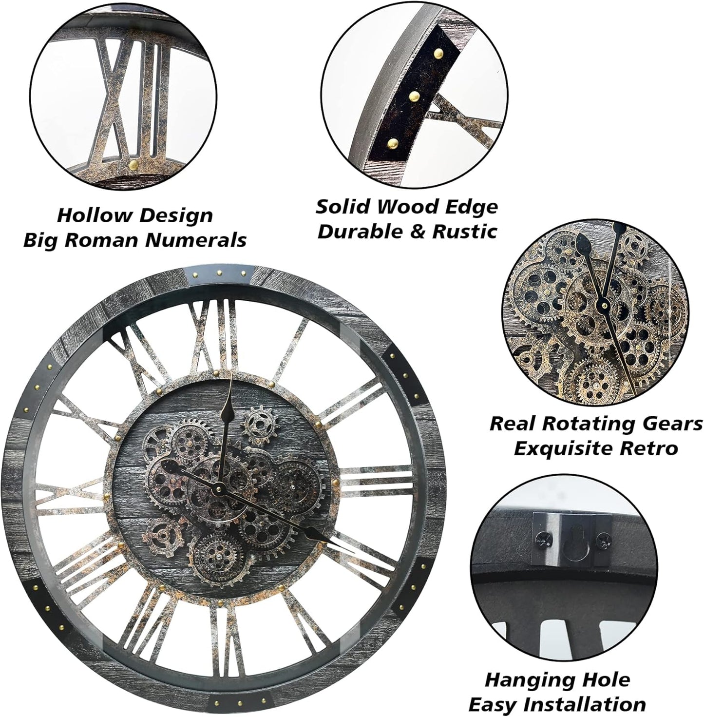 DORBOKER 40" Original Moving Gears Wall Clock, Large Industrial Wall Clock for Living Room Decor,Oversized Wood Vintage Farmhouse Steampunk Rustic Clocks for Wall Decor,Carbon Gray
