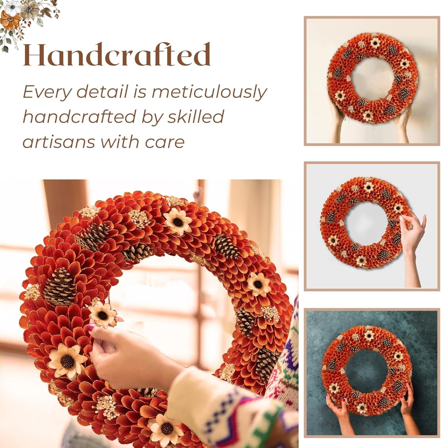 21" Fall Harvest Wood Curl Pinecone Wreath - Premium Handcraft Fall Wreaths for Front Door | Perfect for Autumn & Thanksgiving Decor