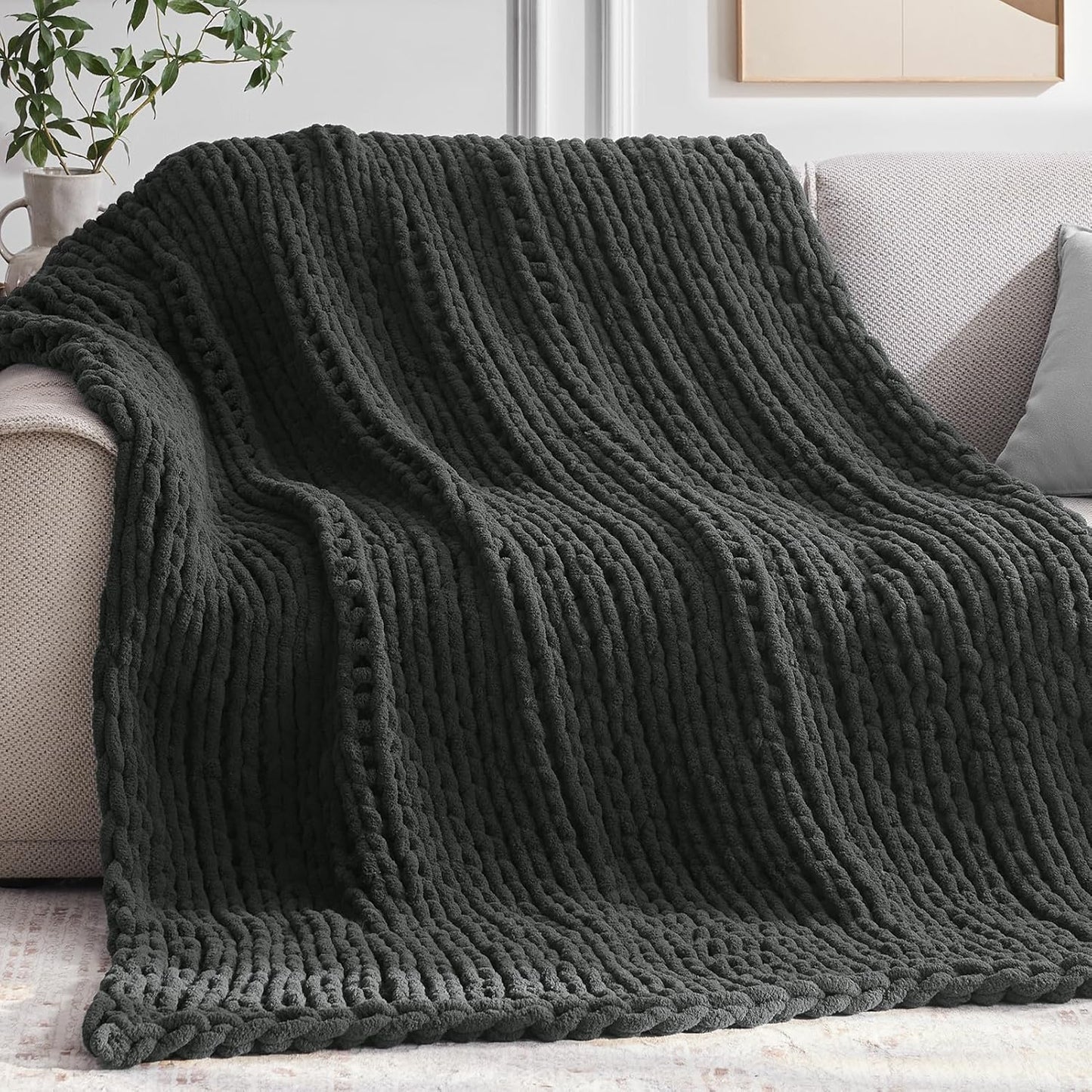 Chunky Knit Throw Blanket, 50''*60'' Knitted Throw Chenille Yarn for Bed Couch, Handmade Dark Grey Crochet Big Thick Blanket, Machine Washable Cute Comfy Blanket for Home Decor