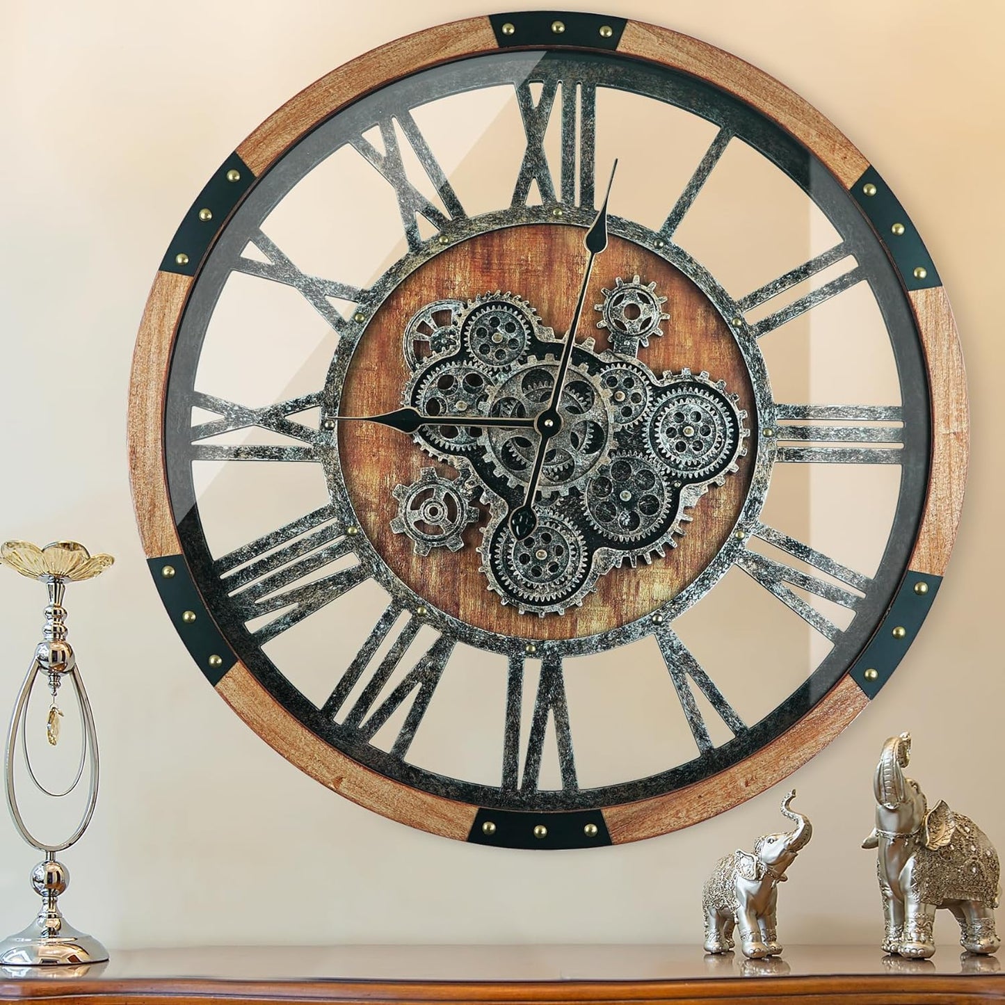 30 Inch Moving Gear Wall Clock, Oversized Wall Clocks, Clock Living Room Decor, Solid Wood Frame, Battery Operated, Large Wall Clock with Steampunk Industrial for Fireplace(Brown)