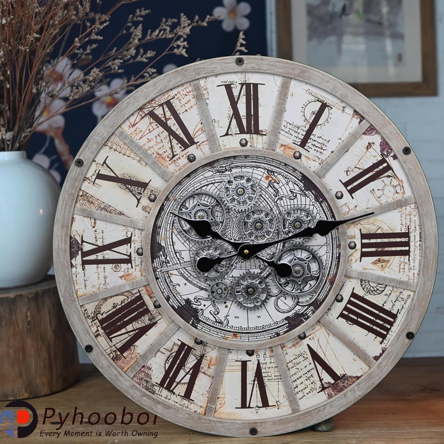 Unique Moving Gear Large Wall Clock 21inch-Battery Powered. Retro Industrial Steampunk Country Farmhouse Decor for The Living Room Kitchen Bars cafes Offices(whith/metal/21)