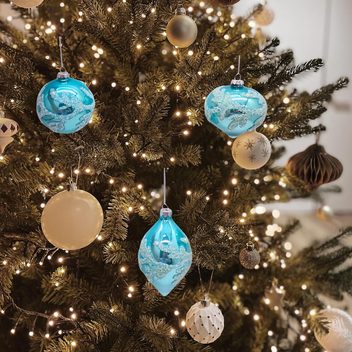 Glittery Blue Glass Coral Christmas Ornaments, Set of 3