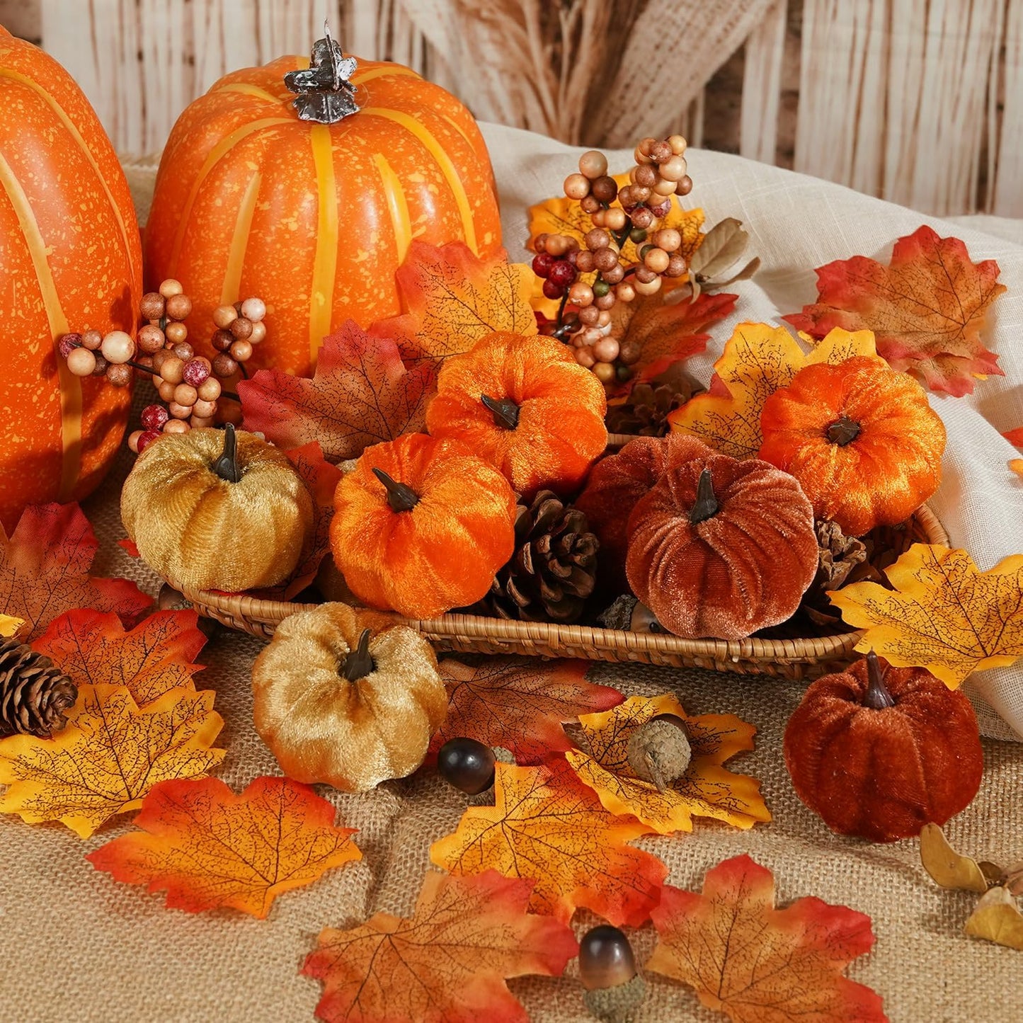 Artmag 51 PCS Artificial Fabric Pumpkins, Fall Harvest Decorations with Acorns, Pinecones, Berries, Maple Leaves for Fall Thansgiving Halloween Decoration
