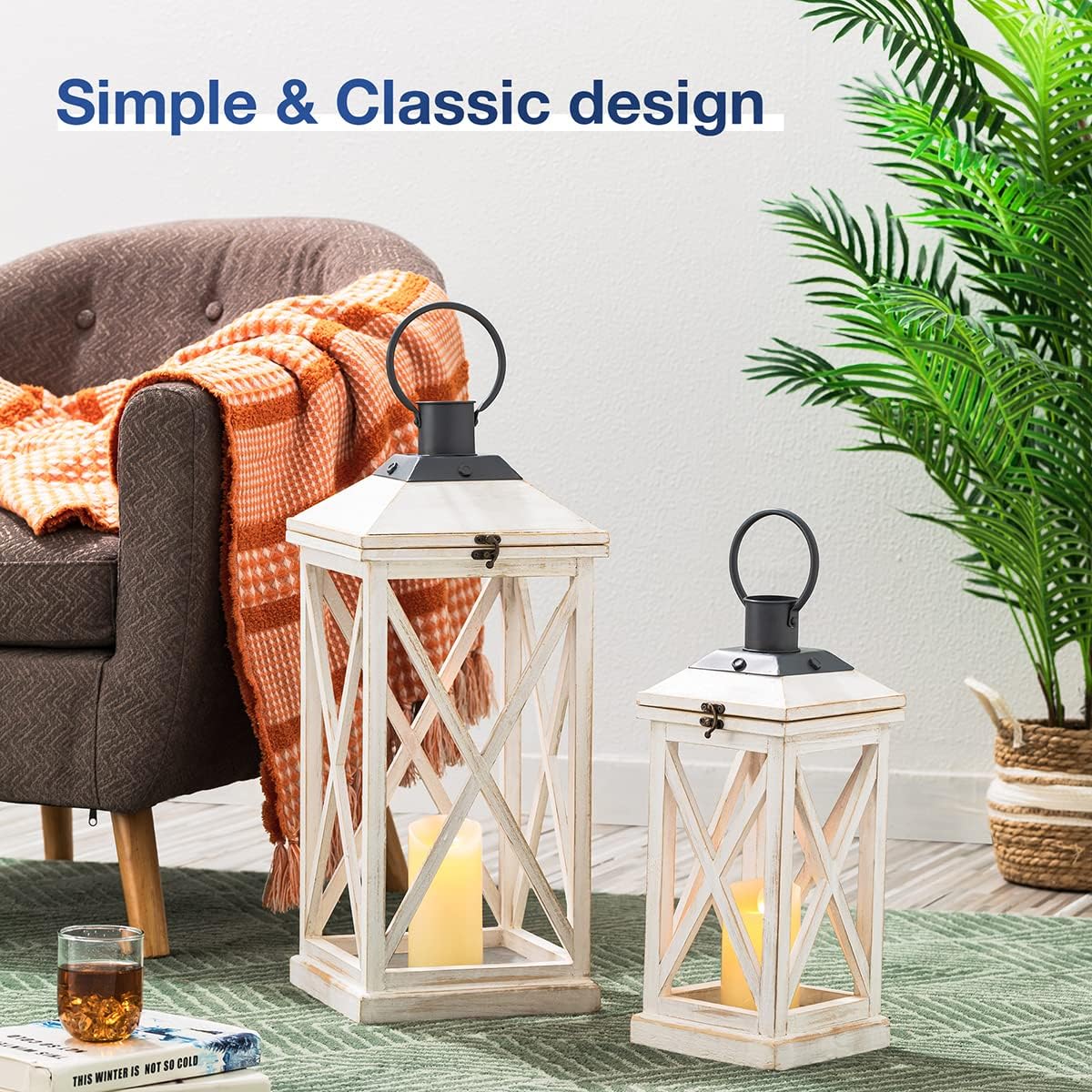 Glitzhome Mondern Farmhouse Wooden Lantern Hanging Decorative Candle Lantern for Outdoor & Indoor Wash White Set of 2 (No Glass)