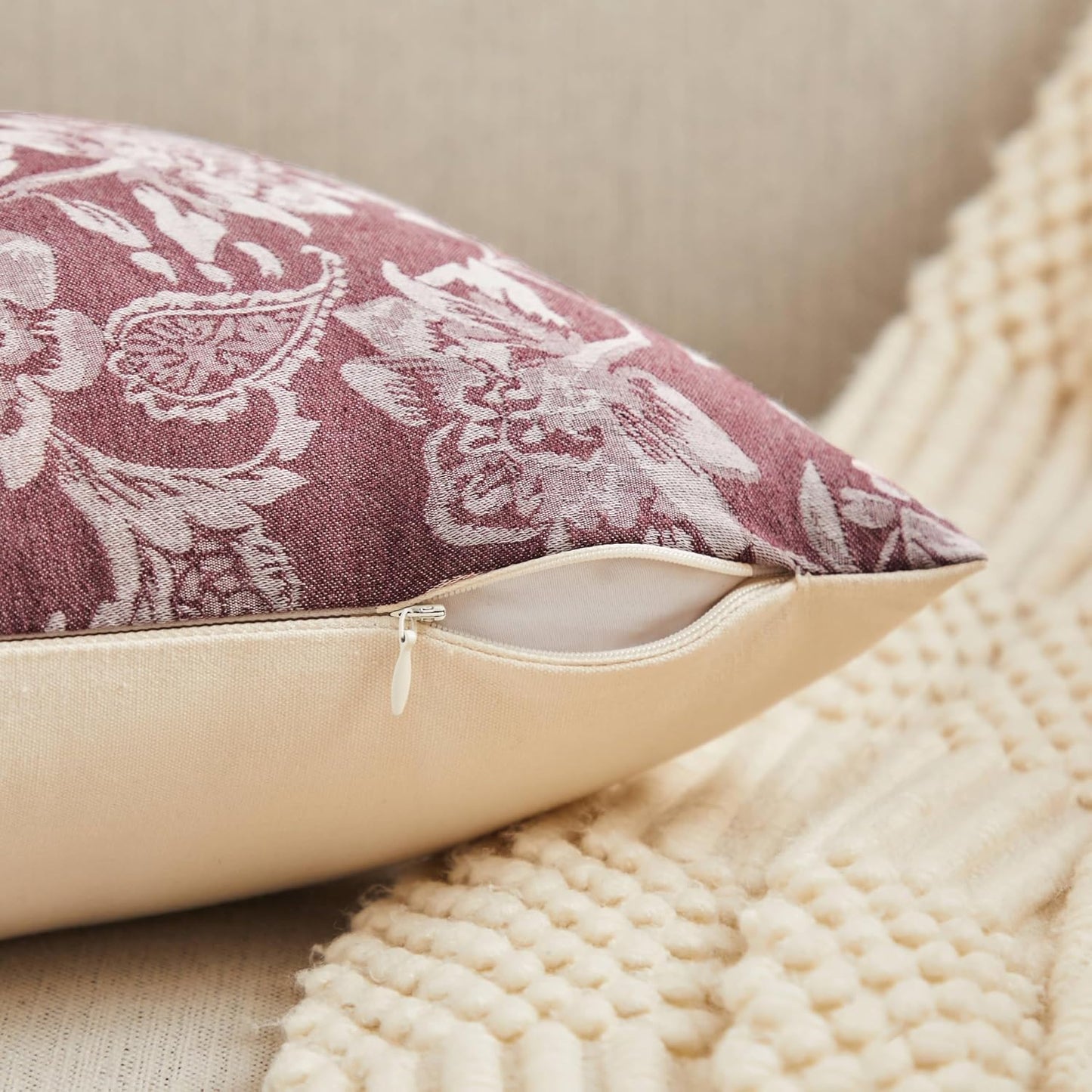 Floral Jacquard Throw Pillow Covers Set of 2, Background/Burgundy 20x20 Inch, Farmhouse Decorative Cotton Burgundy Cushion Covers for Sofa Bed Living Room Home Decor ﻿