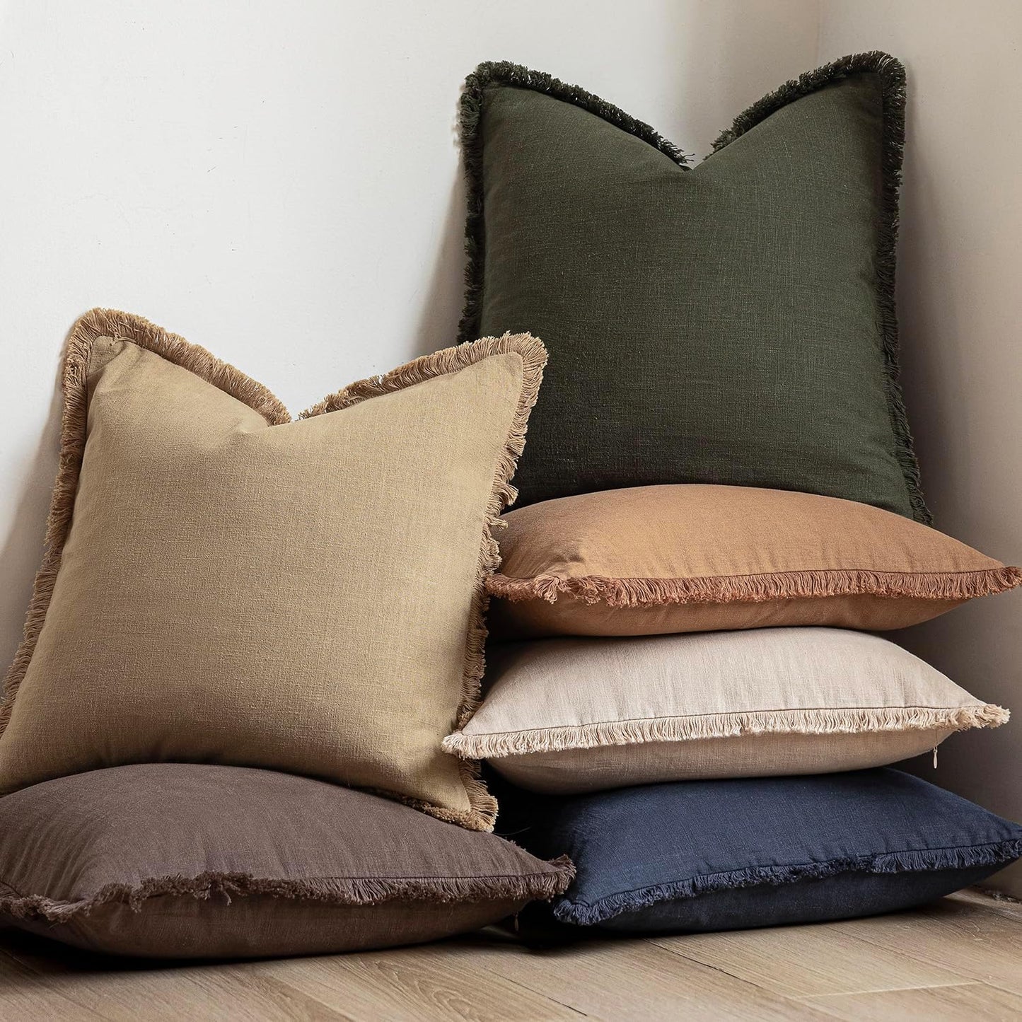 Foindtower Set of 2 Decorative Linen Fringe Throw Pillow Covers Farmhouse Cushion Cover with Tassels Soft Accent Pillowcase for Couch Chair Sofa Bed Living Room Home Decor,24×24 Inch,Light Khaki Taupe