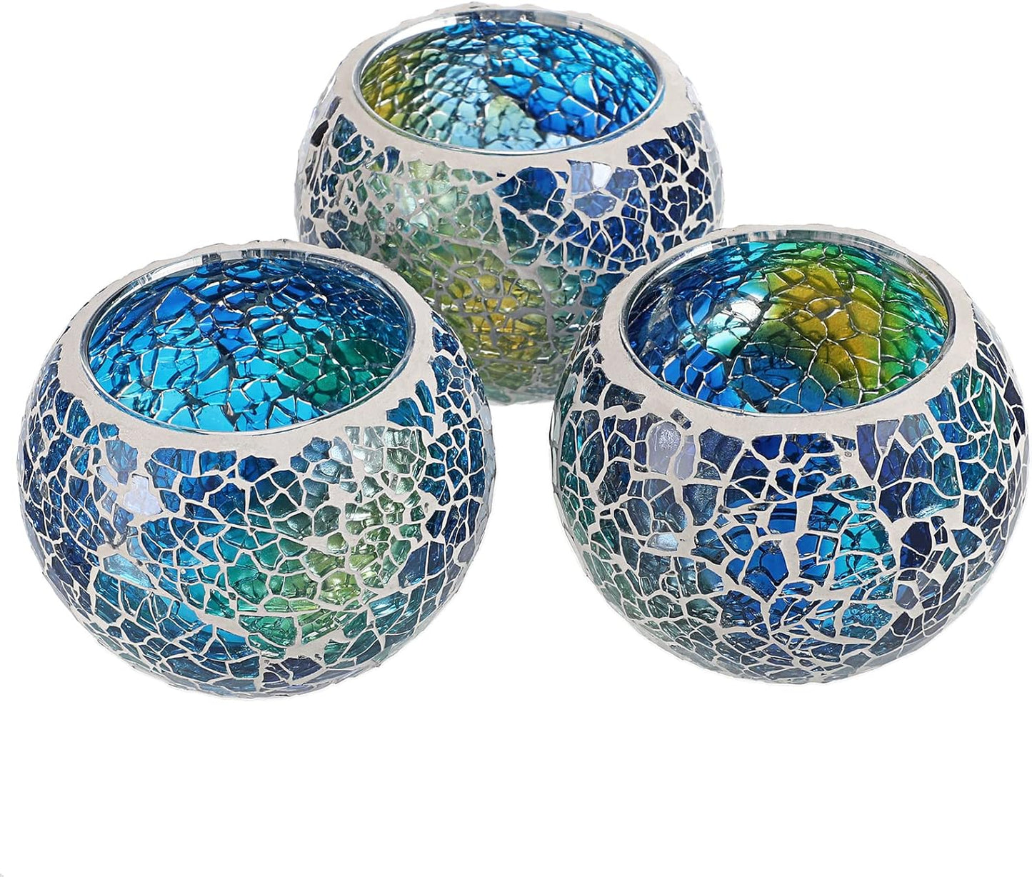 OwnMy Set of 3 Blue Mosaic Glass Tea Light Holders Round Bowl Votive Candle Holders Pillar Candle Stands, Glass Mosaic Tealight Holders Potted Plant Bowl Vase Candle Centerpiece for Table Wedding
