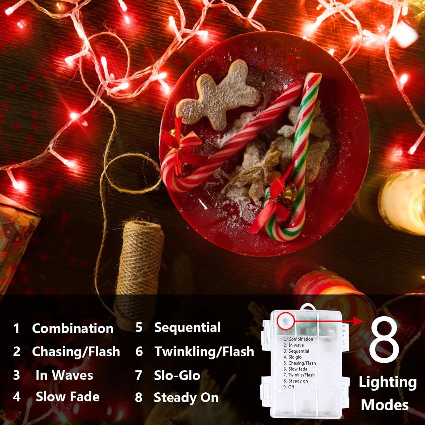 2 Pack Halloween String Lights Battery Operated with Timer, 66FT 200 LED Waterproof Battery Twinkle Lights, 8 Modes Fairy Light for Indoor & Outdoor Party Bedroom Garland Tree Christmas Decor (Red)