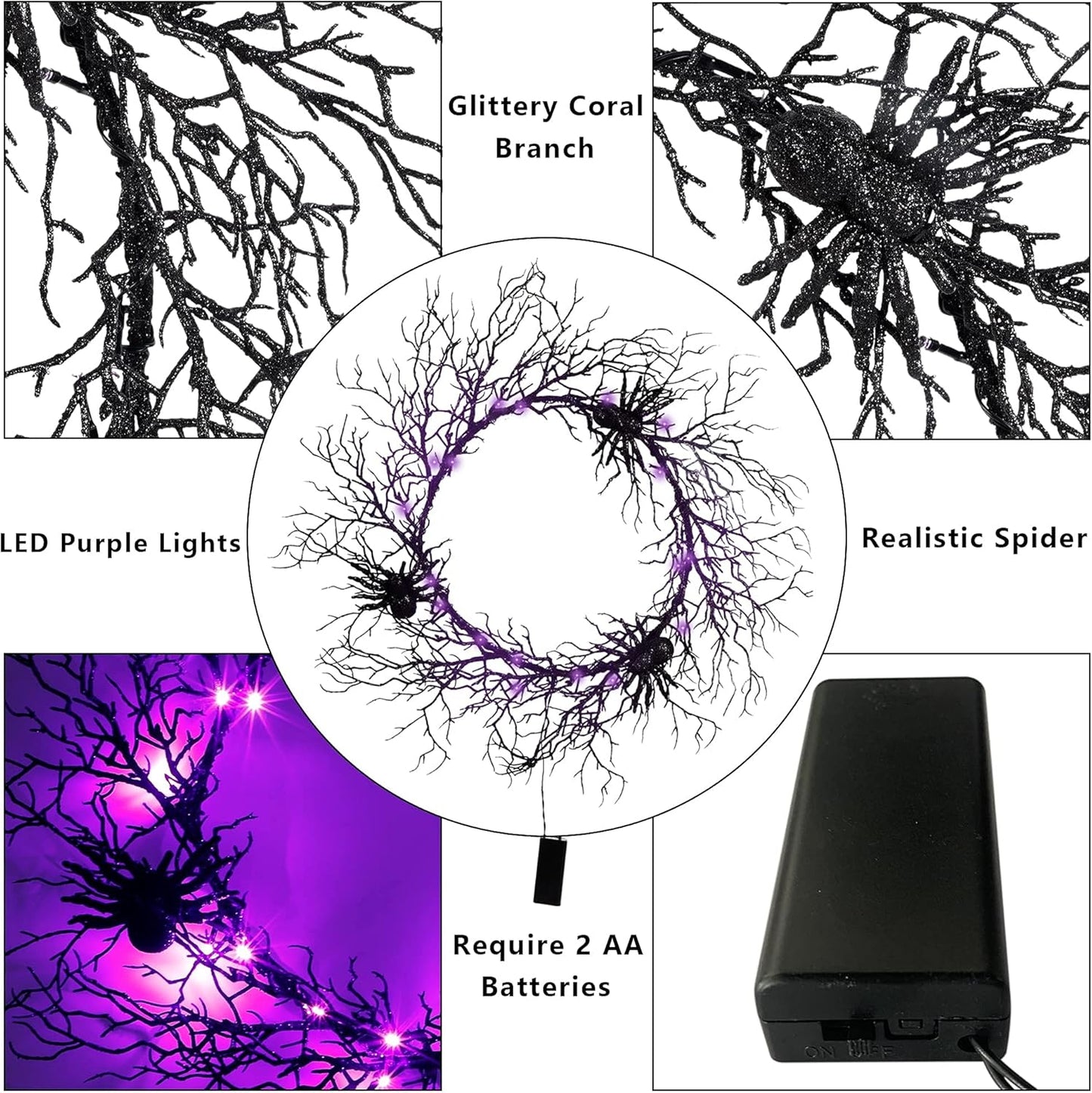 24 Inch Halloween Wreath for Front Door - Lighted Black Spider Wreath with Purple LED Lights, Outdoor/Indoor Spooky Decorations for Halloween Party, Porch, Holiday Home Decor