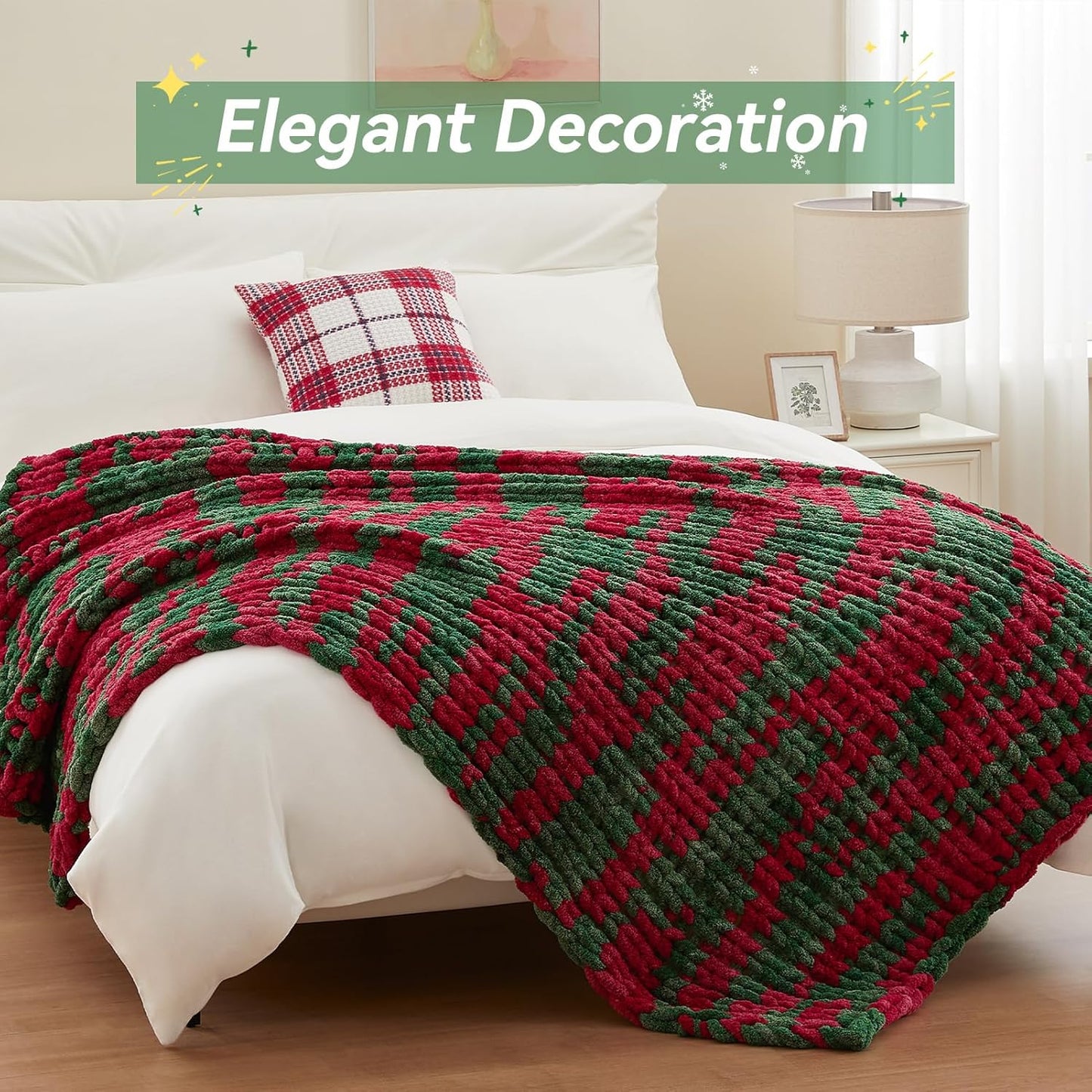 Chunky Knit Throw Blanket, 30''*40'' Knitted Throw Chenille Yarn for Bed Couch, Handmade Stripe Crochet Big Thick Blanket, Machine Washable Cute Comfy Blanket for Home Decor