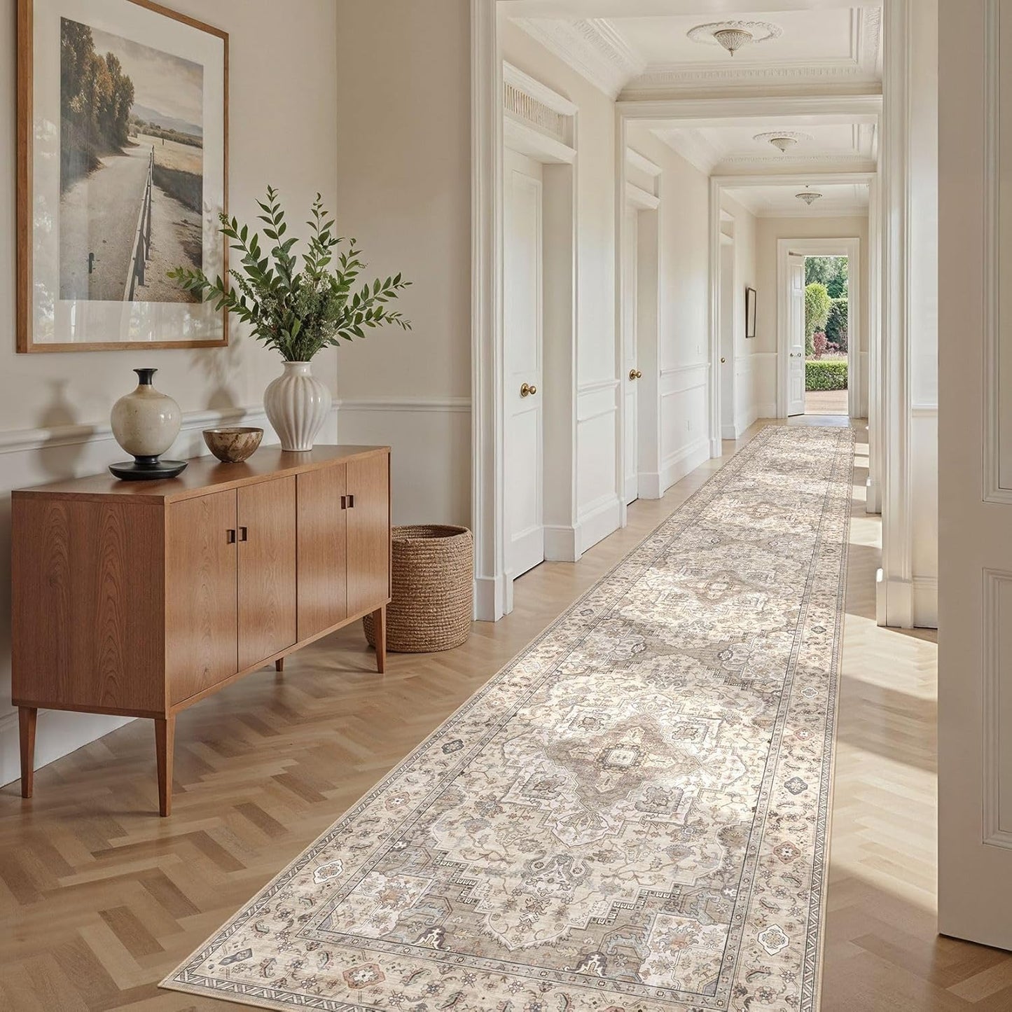 Washable 3x20 Runner Rug - Area Rugs Neutral Vintage Distressed Floral Farmhouse Boho Large Soft Floor Rug Indoor Carpet for Hallway Entryway Home - Brown/Multi