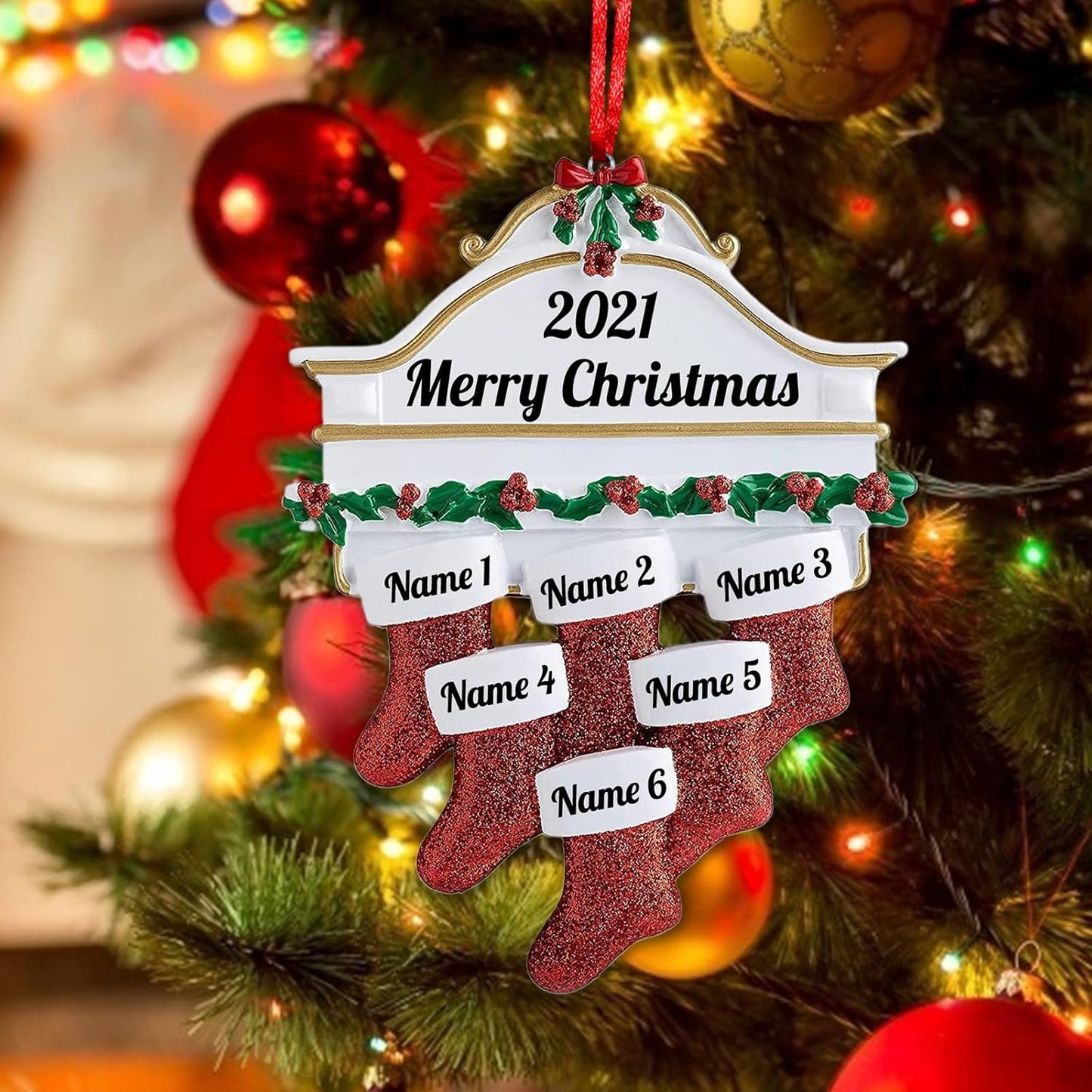Amlion Personalized Ceramic Christmas Stocking Ornaments, Family of 2-8, Custom Names, Traditional Style, Christmas Occasion