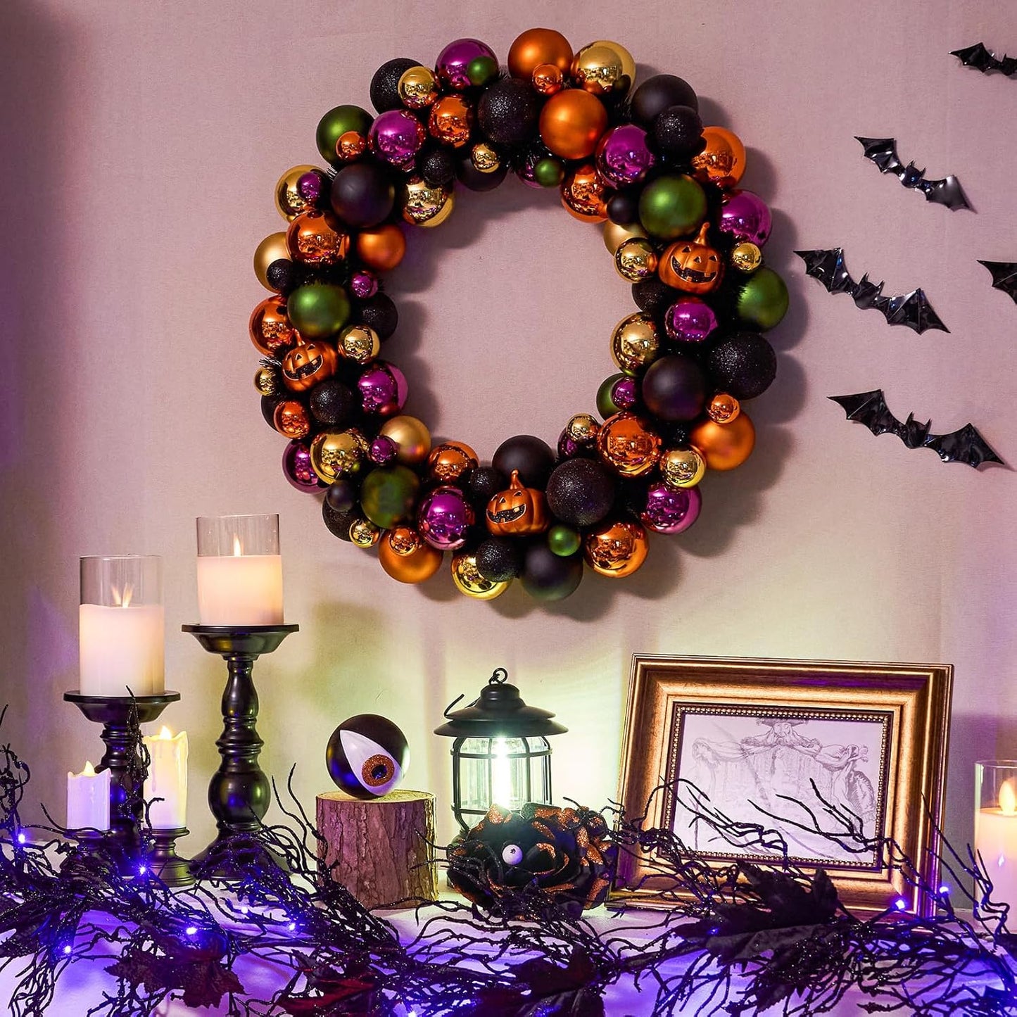 JORNOY 20inch Large Halloween Ball Wreath with Ghost & Pumpkin Accents - Seasonal Orange/Black Wall Hanging, Front Door, Mantel, Porch Decor for Home