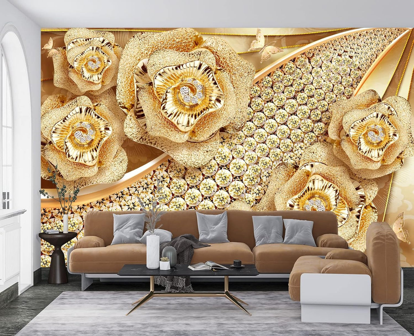 Golden Jewelry Diamond Rose Butterfly Wall Mural Wallpaper for Bedroom 178" x 117"