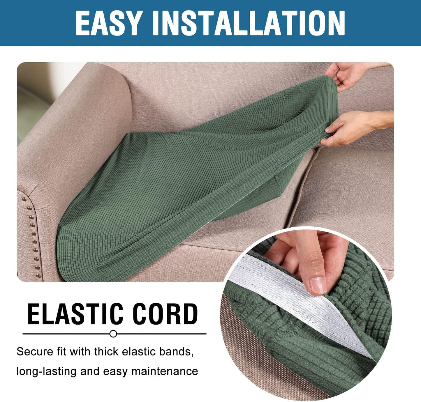 H.VERSAILTEX Super Stretch Individual Seat Cushion Covers Sofa Covers Couch Cushion Covers Slipcover Sets Thick Jacquard Textured Twill Fabric (2 Piece Medium Sofa Cushion Covers, Loden Frost)