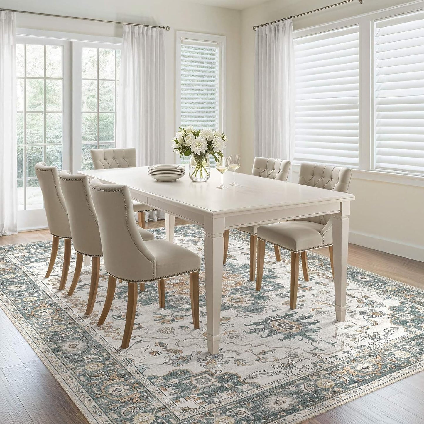 Washable Area Rugs for Living Room - 7x9 Neutral Vintage Distressed Floral Farmhouse Boho Large Soft Floor Rug Indoor Non Slip Carpet for Living Room Bedroom Dining Room Office - Green/Grey