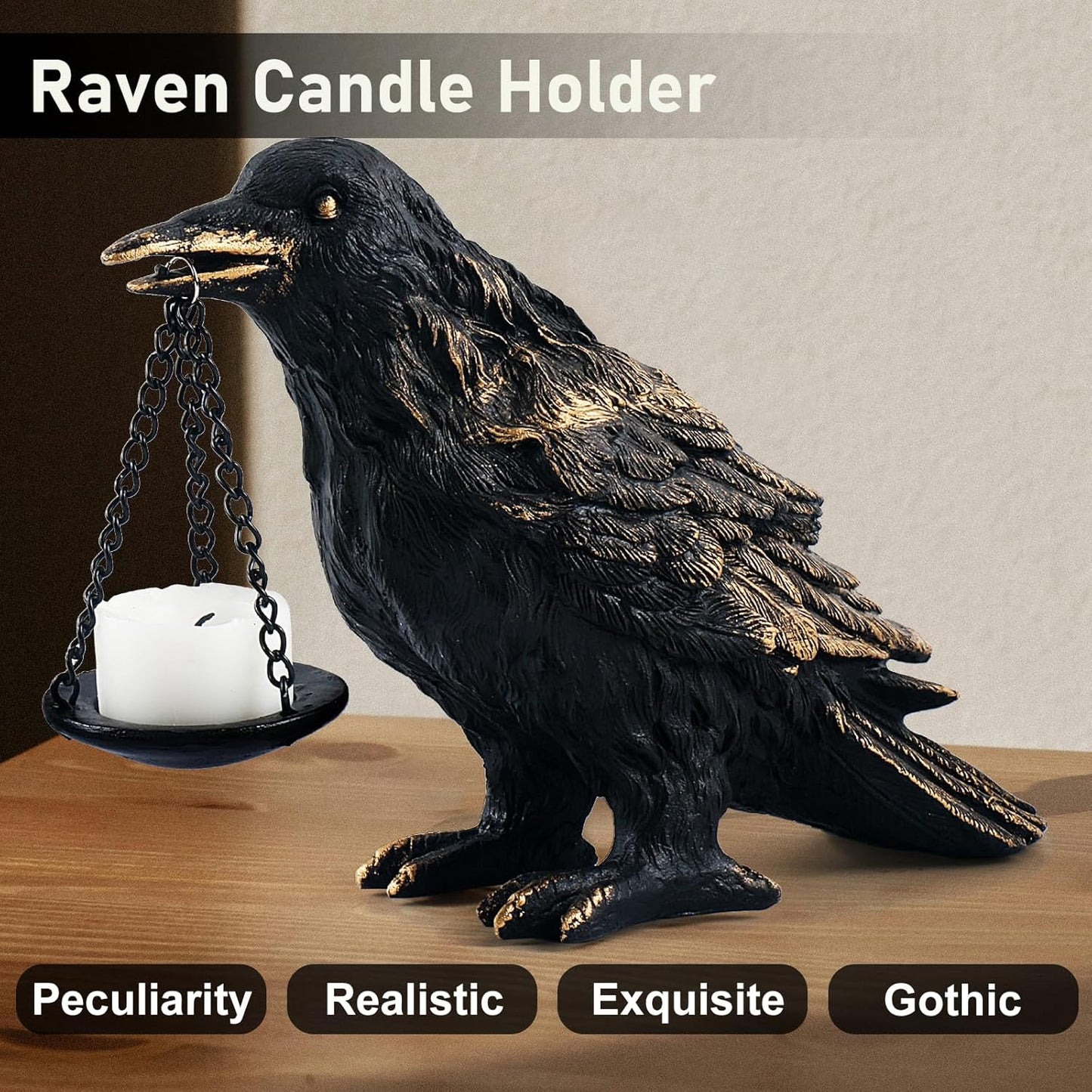 Raven Gothic Home Decor Fake Crow Light Holder Raven Lamp Tealight Candle Holder Resin Raven Statue Wearing Gold
