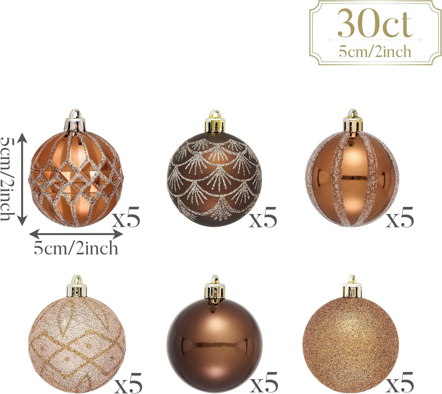 Valery Madelyn Christmas Ornaments Set, 30ct 2 Inches Bronze Copper Brown Gold Shatterproof Christmas Tree Decorations Ball Ornaments Bulk, Elegant Hanging Ornaments for Xmas Holiday Party Decor
